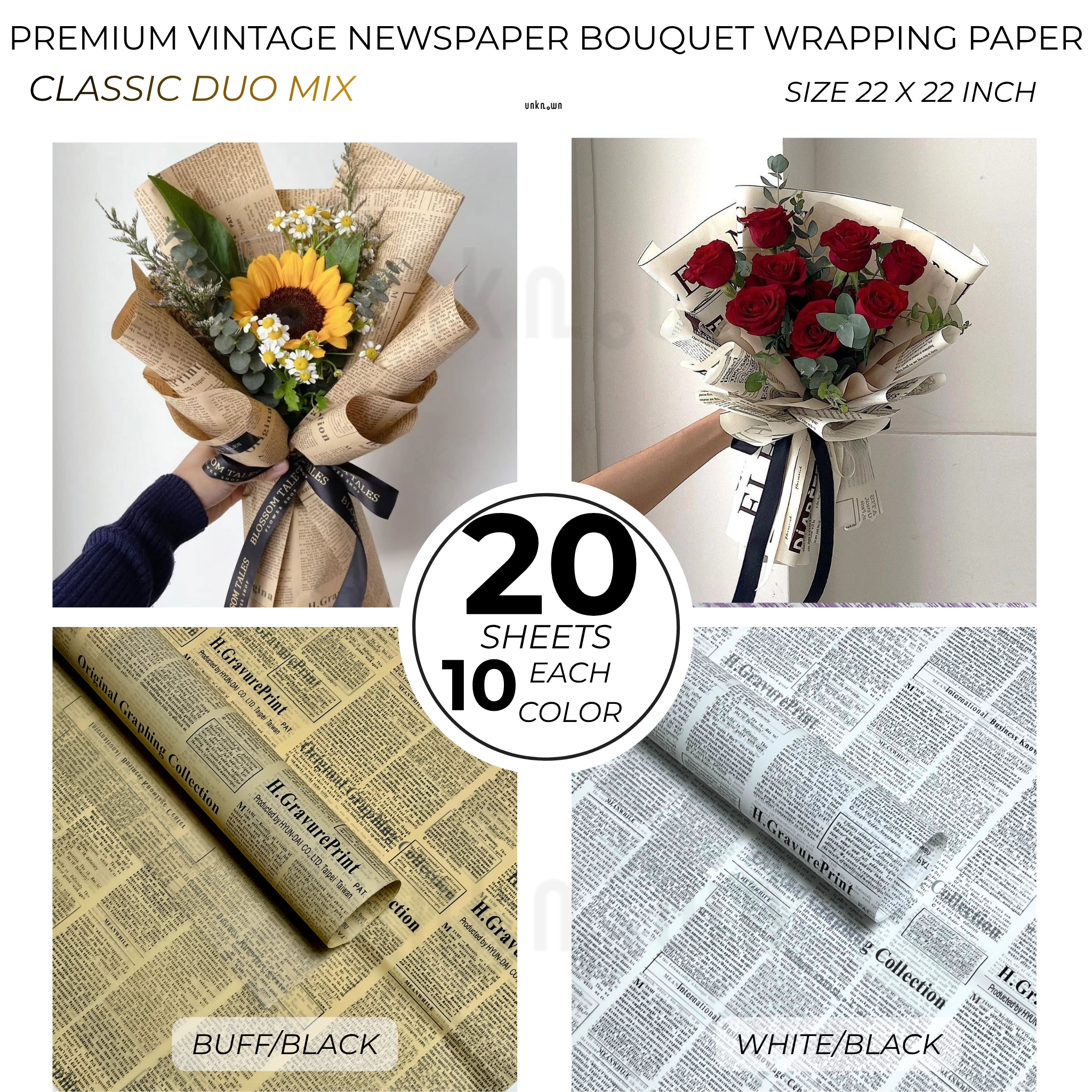Premium Vintage Newspaper Bouquet Wrapping Paper – Floral Gift Wrap Sheets for Fresh Flowers, Florist Bouquet Packaging | 20 Sheets