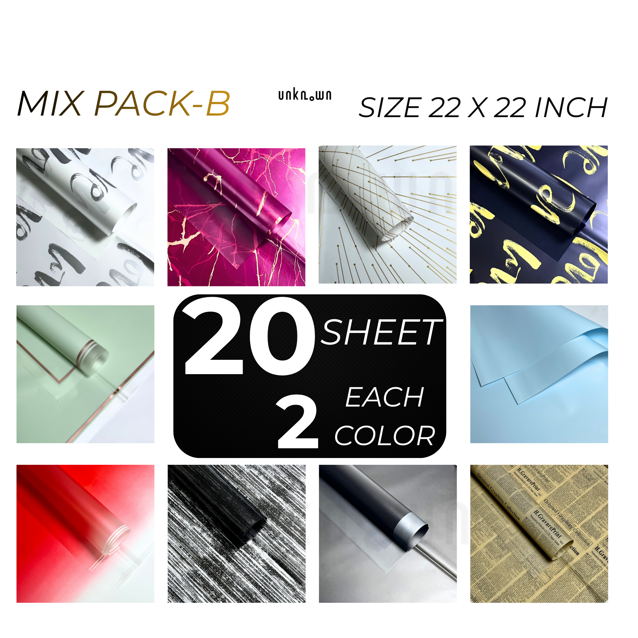 Premium Designer Mix Bouquet Wrapping Paper – 20 Sheets Mixed Color Floral Wrapping Sheets for Fresh Flowers, Florist Bouquets & Gift Packaging