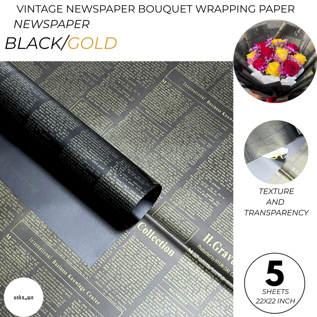 Premium Vintage Newspaper Bouquet Wrapping Paper – Floral Gift Wrap Sheets for Fresh Flowers, Florist Bouquet Packaging | 20 Sheets