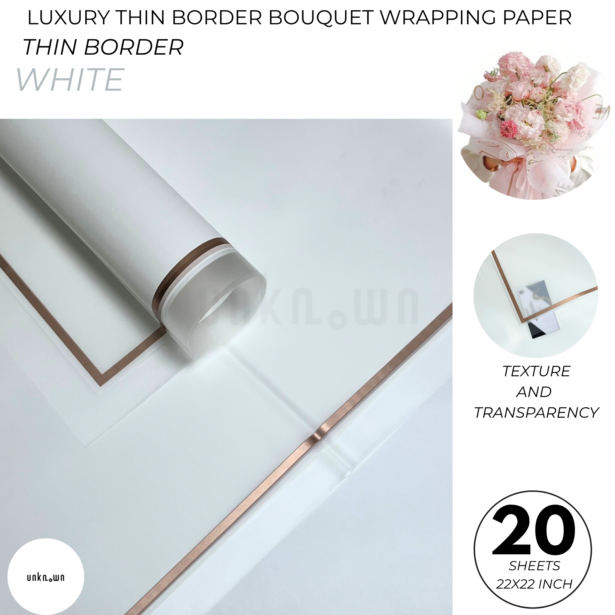 Luxury Thin Border Bouquet Wrapping Paper Pack of 20 Sheets | Premium Translucent Flower Wrapping Paper | Waterproof Florist Bouquet Gift Wrap