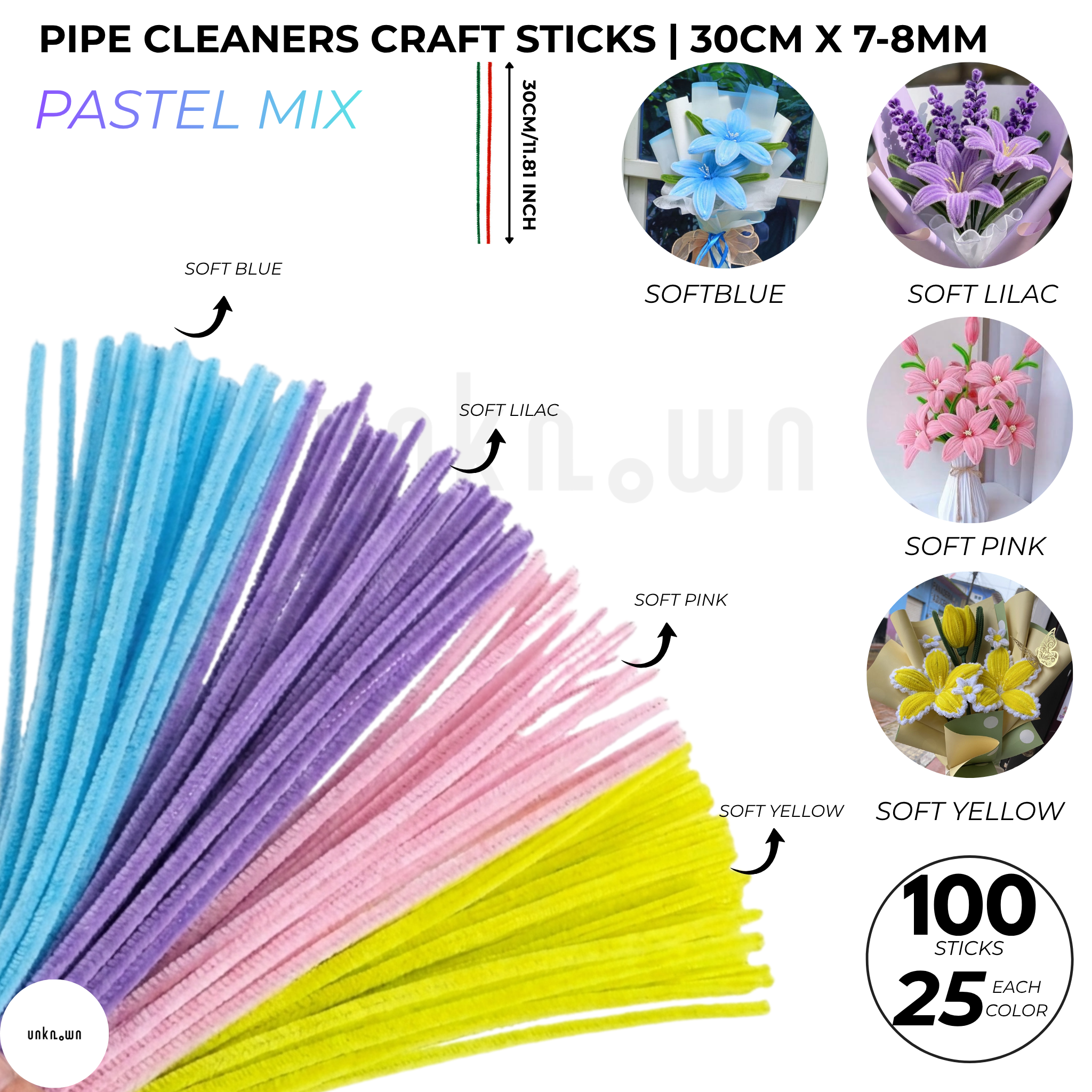 Pipe Cleaners Craft Sticks 100 Pcs Mixed Colors | Velvet Pipe Cleaner (25 Each Color) Chenille Stems 30cm for DIY Crafts, Handmade Flowers, School Projects & Bouquet Decoration