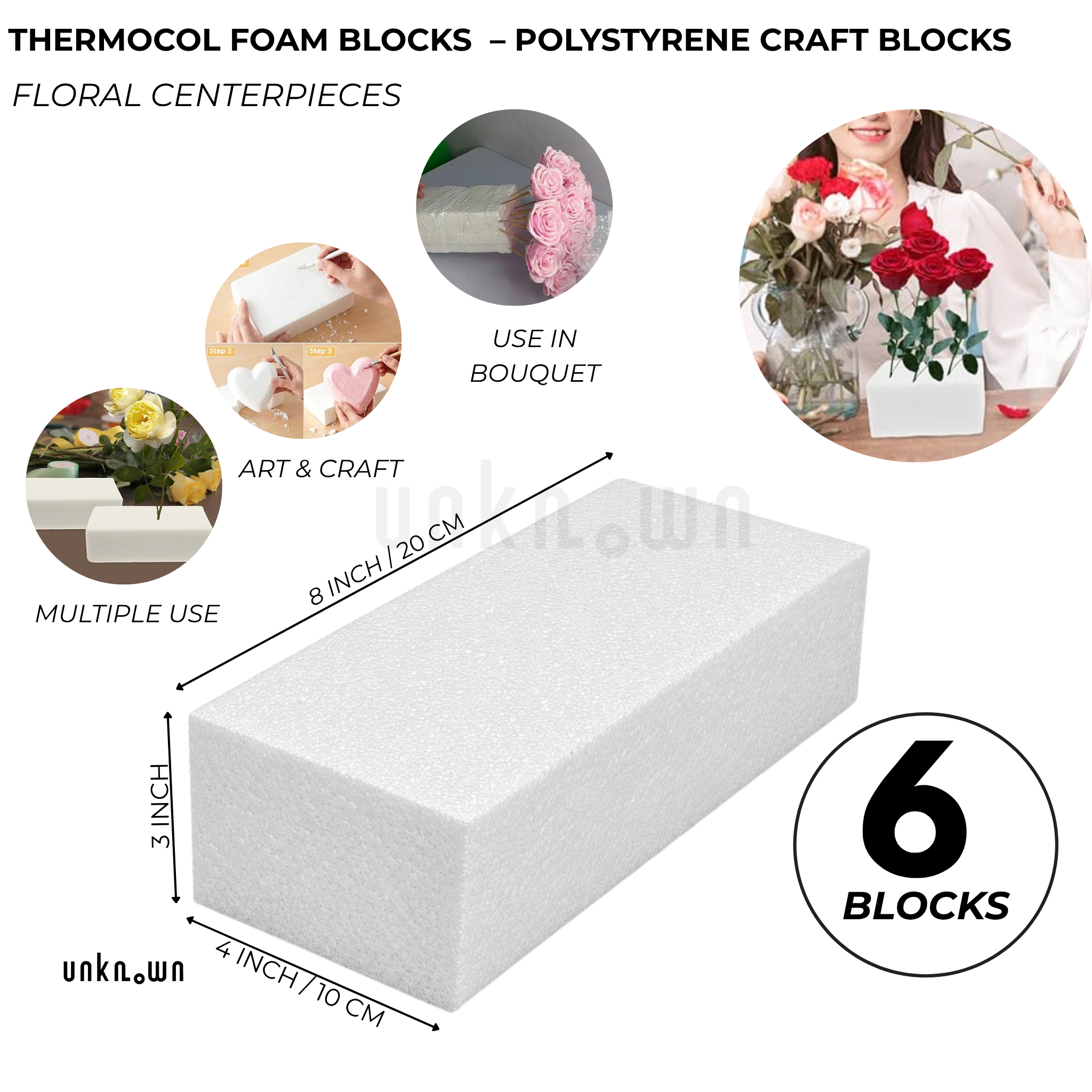 Thermocol Foam Blocks 8×4×3 Inch – Polystyrene Craft Blocks for DIY, Floral Arrangements & School Projects
