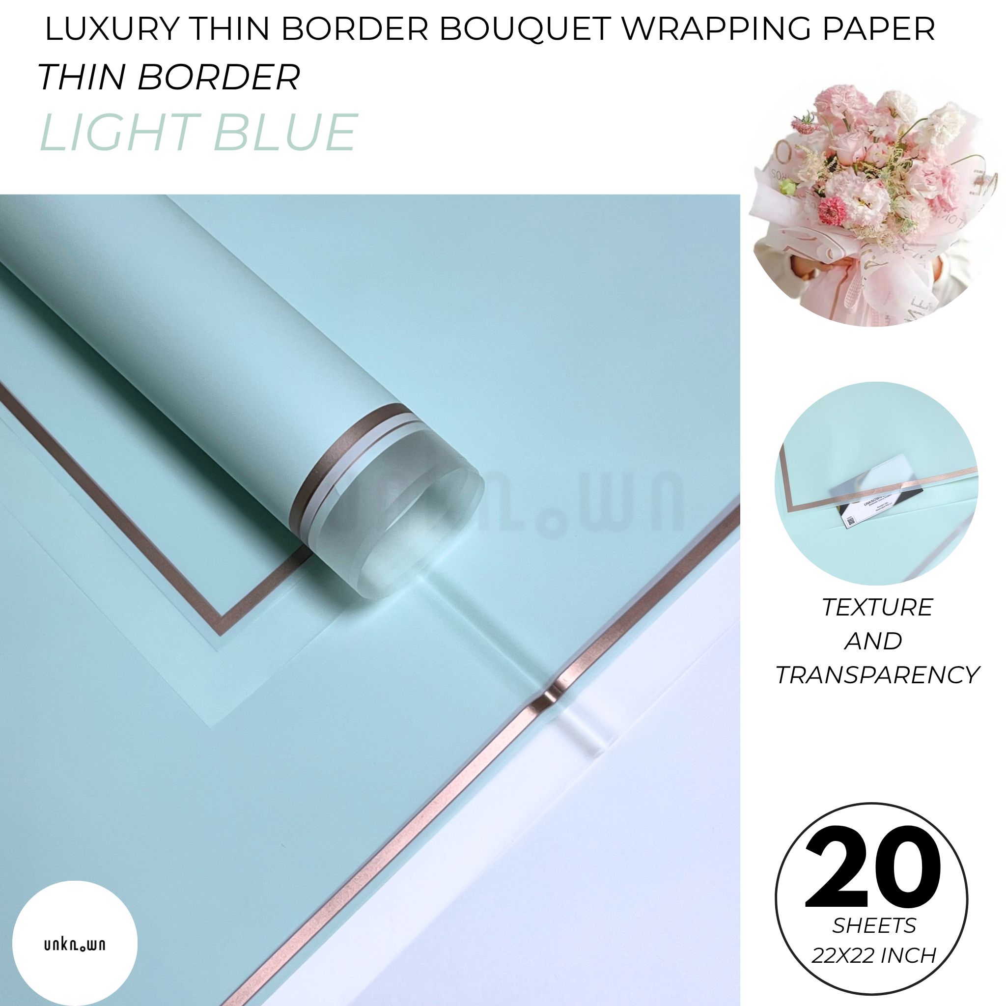 Luxury Thin Border Bouquet Wrapping Paper Pack of 20 Sheets | Premium Translucent Flower Wrapping Paper | Waterproof Florist Bouquet Gift Wrap