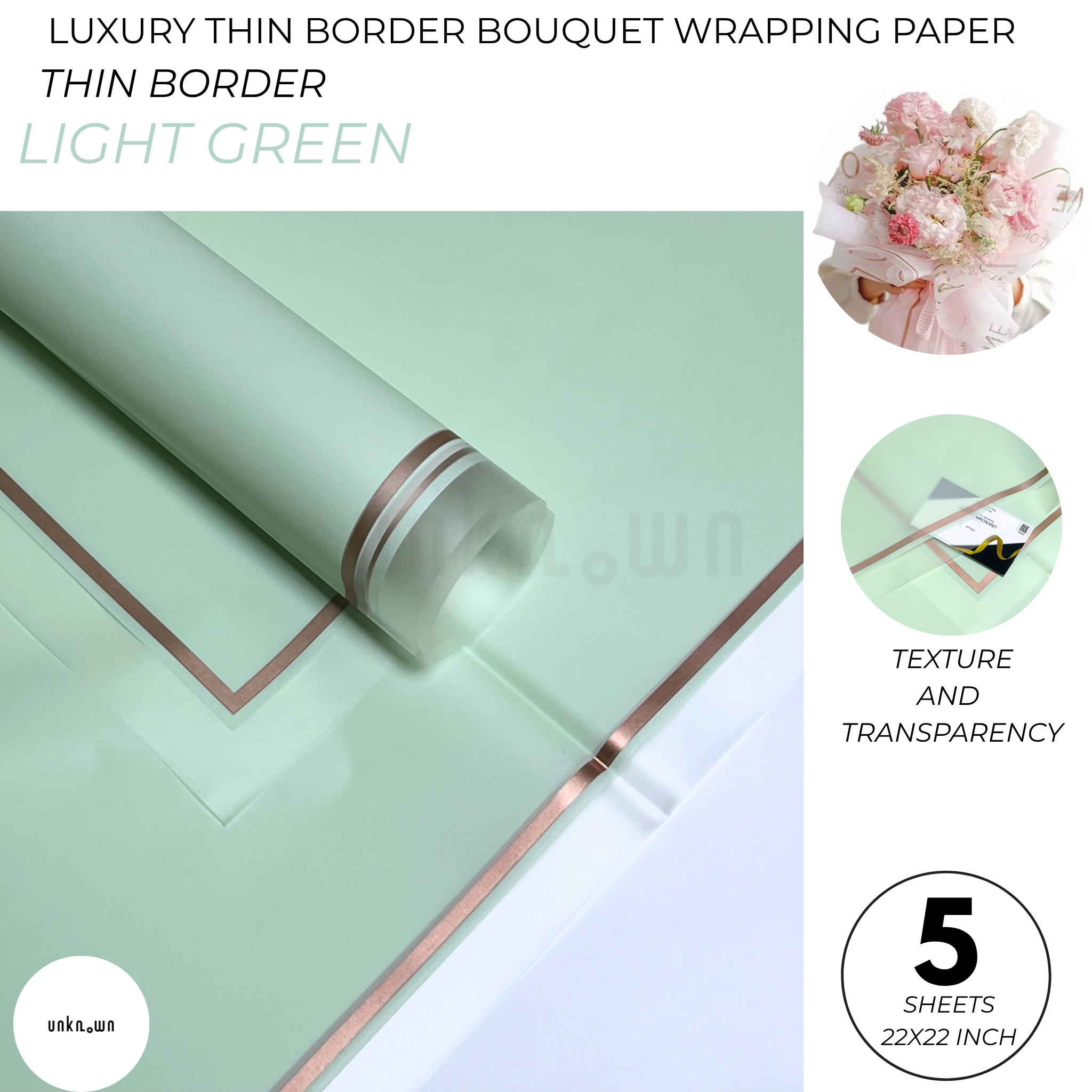Luxury Thin Border Bouquet Wrapping Paper – Premium Translucent Floral Wrapping Sheets for Fresh Flower Bouquets | Pack of 5 Sheets