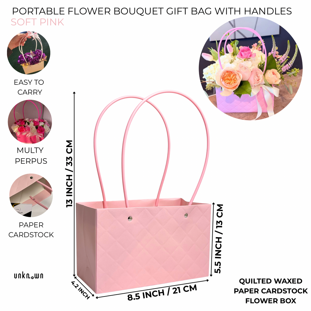 Portable Flower Bouquet Gift Bag with Handles – Quilted Waxed Cardstock Flower Box (Pink & White)
