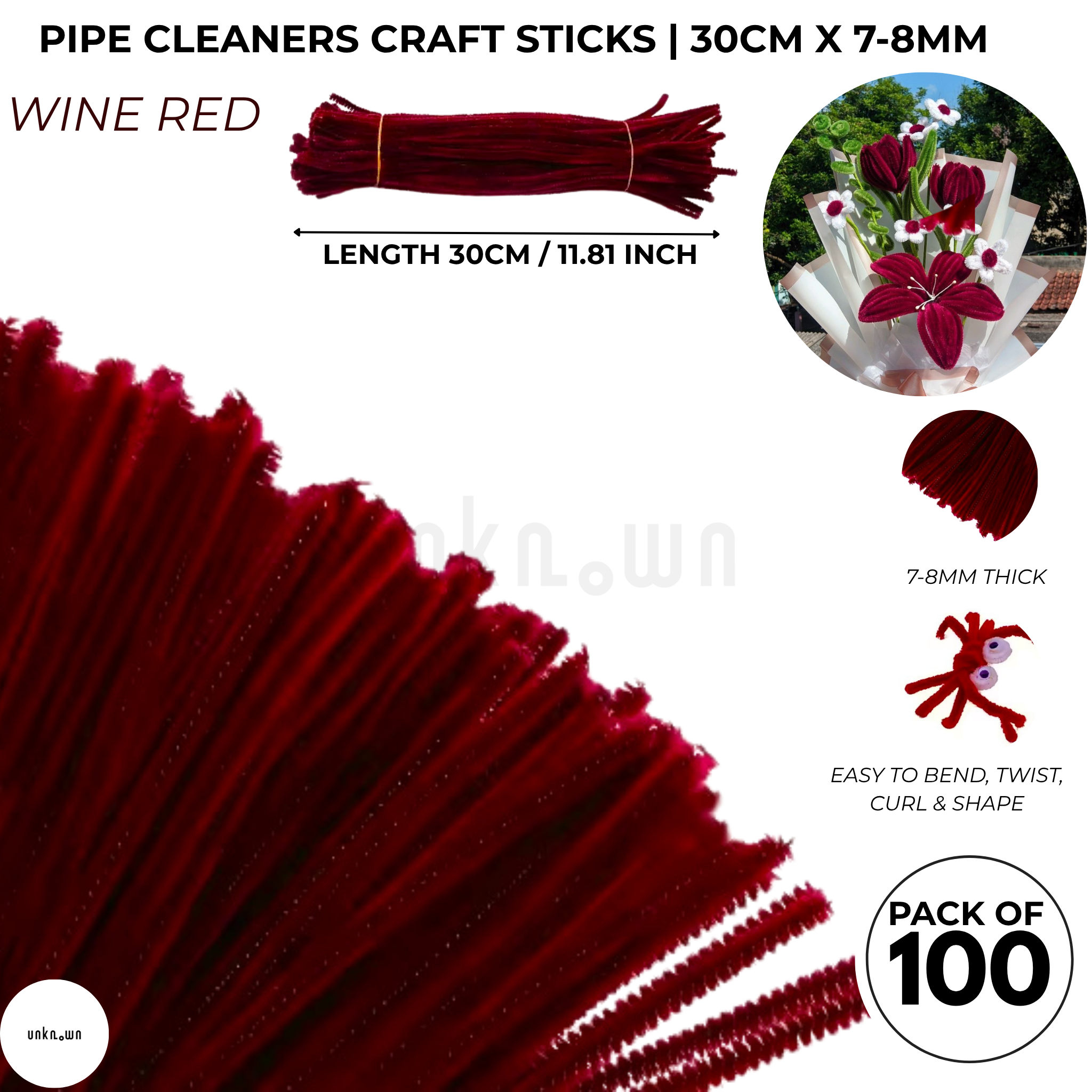 Premium Pipe Cleaner Sticks 100 Pcs | Velvet Pipe (Chenille Stems) for DIY Crafts, Handmade Flowers, School Art & Bouquet Making