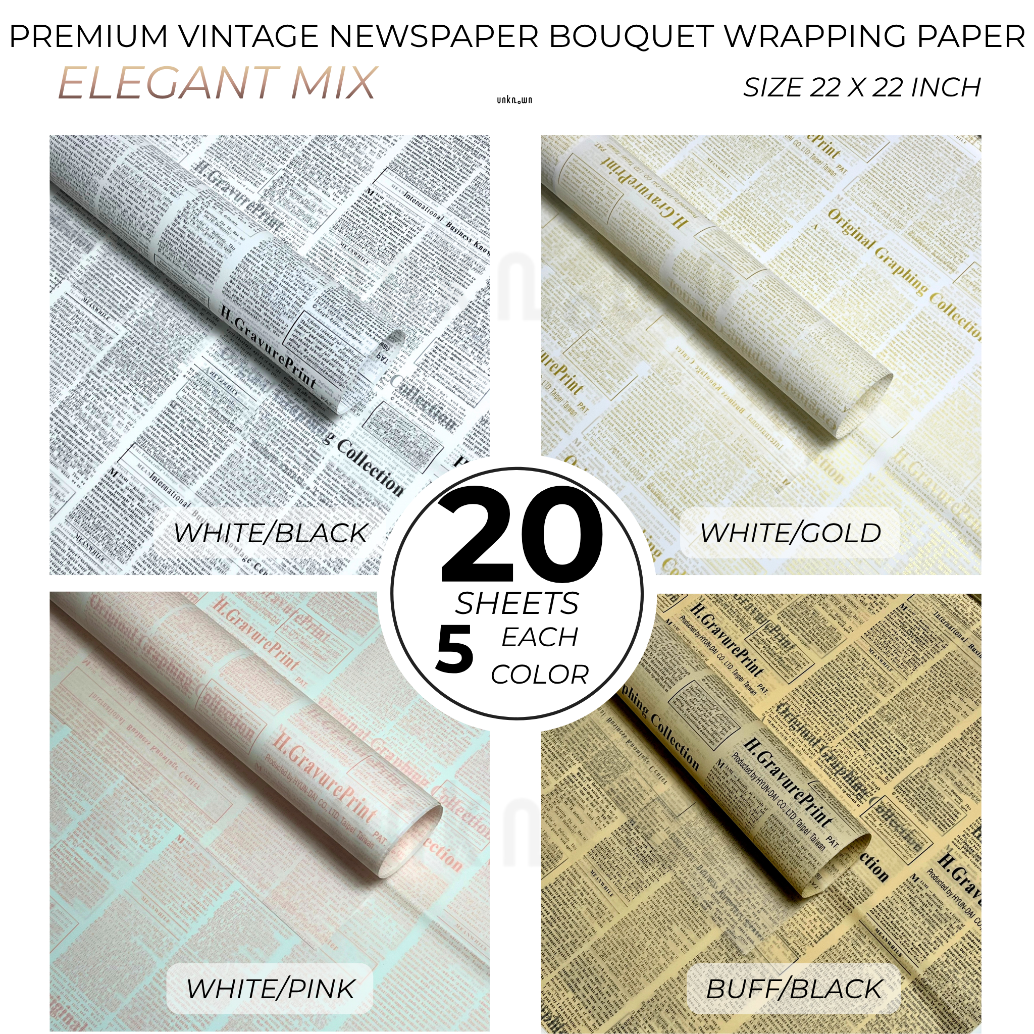 Premium Vintage Newspaper Bouquet Wrapping Paper – Floral Gift Wrap Sheets for Fresh Flowers, Florist Bouquet Packaging | 20 Sheets