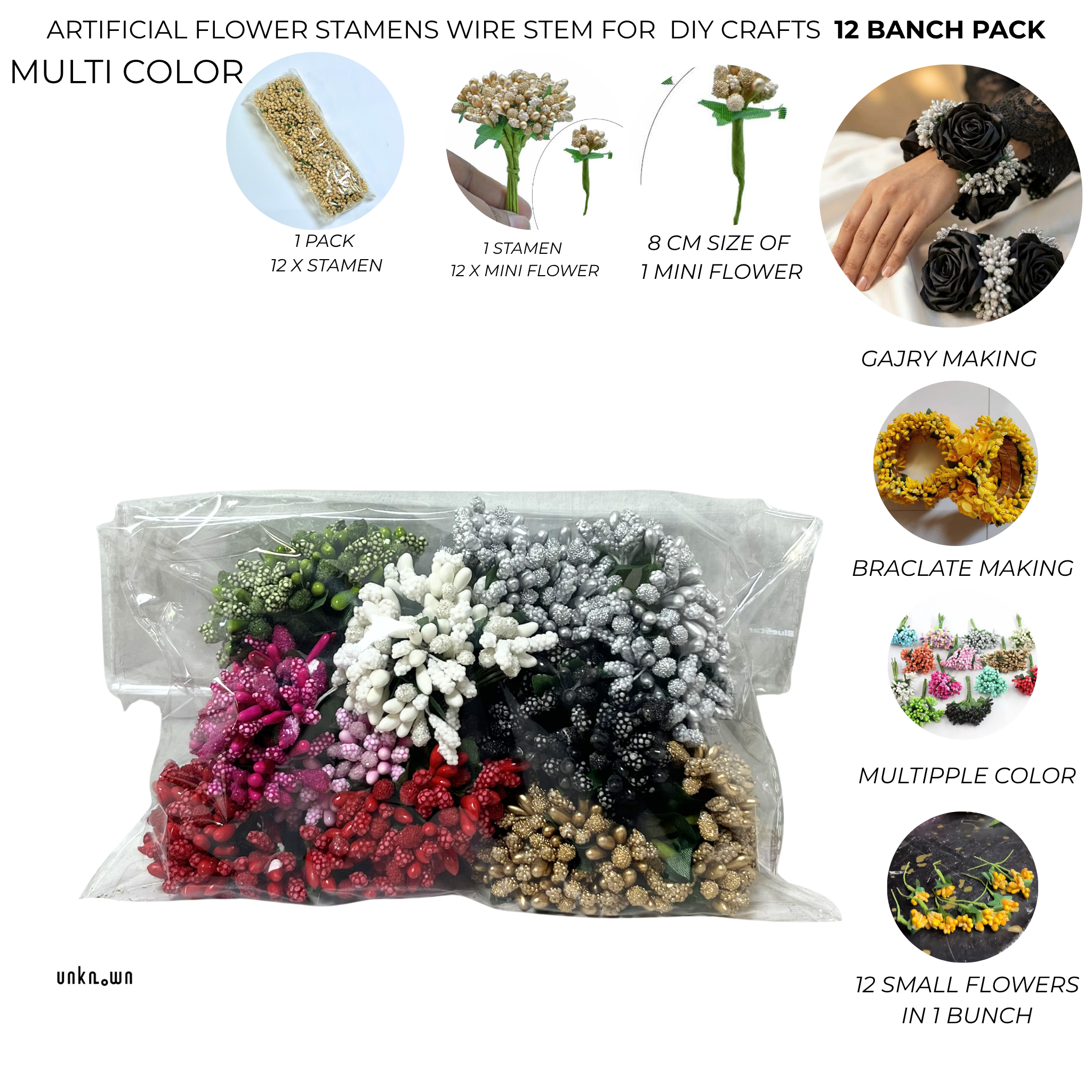 Artificial Flower Stamens Wire Stem for Bouquets & DIY Crafts (Pack of 12 Bunches)