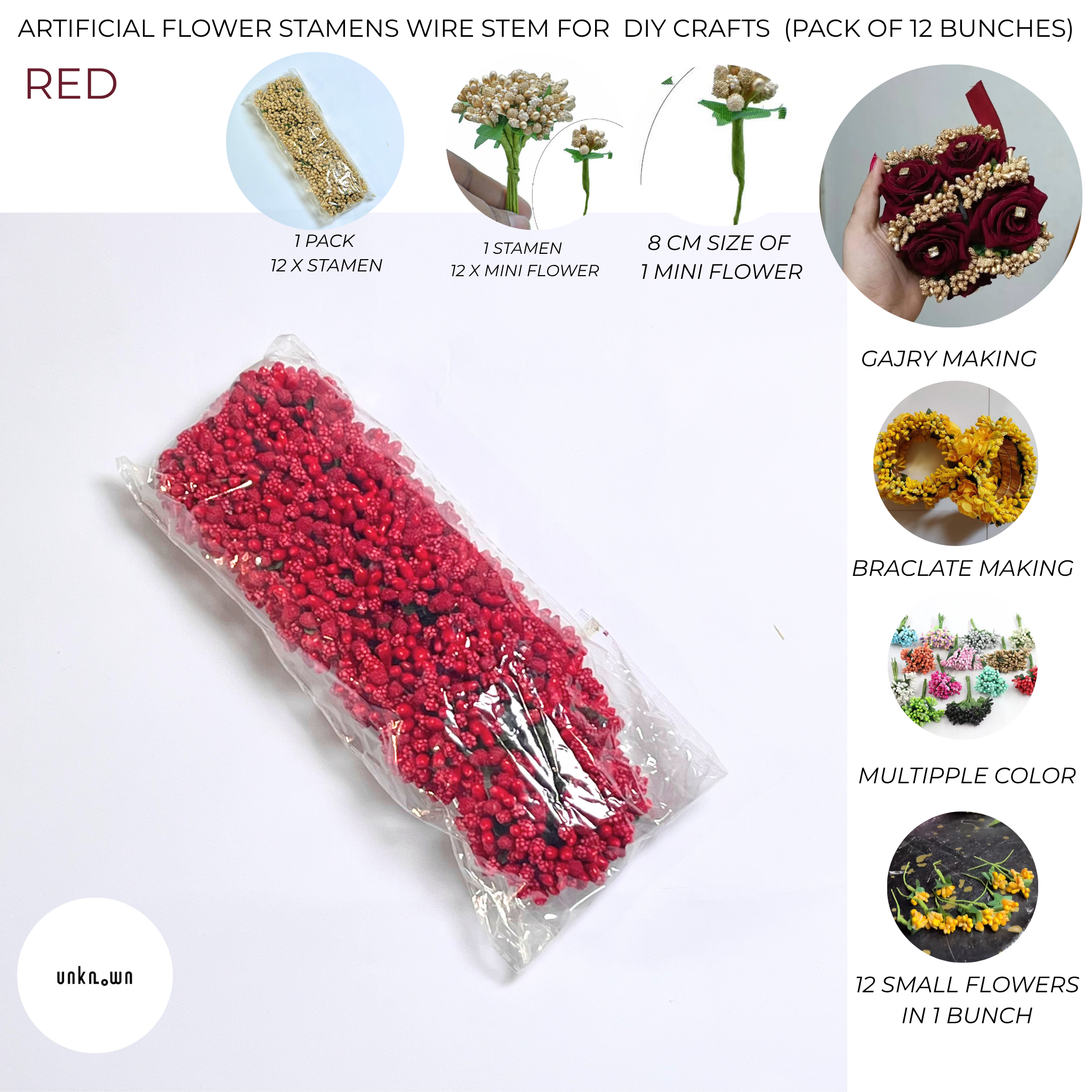 Artificial Flower Stamens Wire Stem for Bouquets & DIY Crafts (Pack of 12 Bunches)