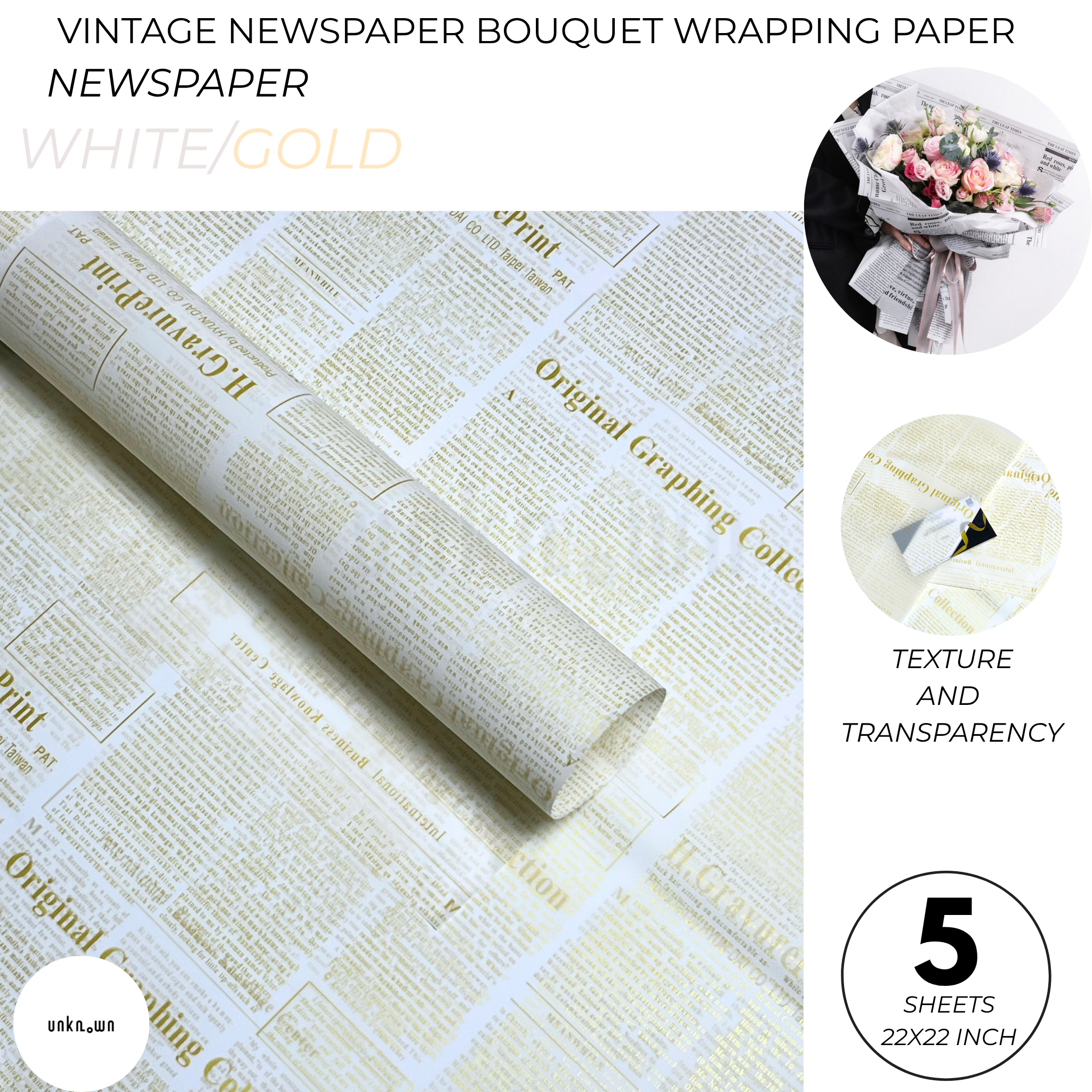 Premium Vintage Newspaper Bouquet Wrapping Paper – Floral Gift Wrap Sheets for Fresh Flowers, Florist Bouquet Packaging | Pack of 5 Sheets