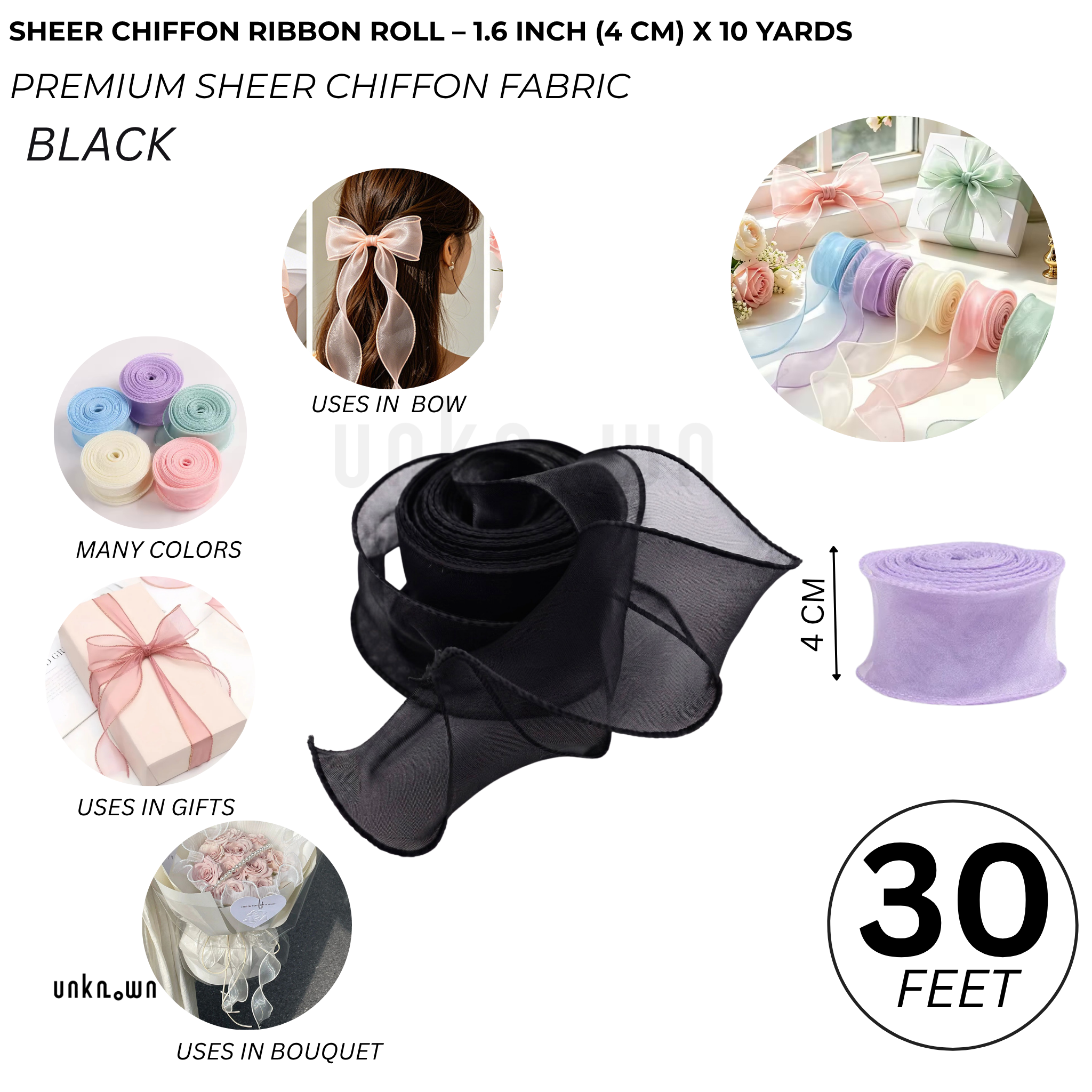 Premium Sheer Chiffon Ribbon Roll – 1.6 Inch (4 CM) x 10 Yards | Soft Organza Ribbon for Bouquet Wrapping, Gift Packing, Florist, DIY Crafts & Decorations