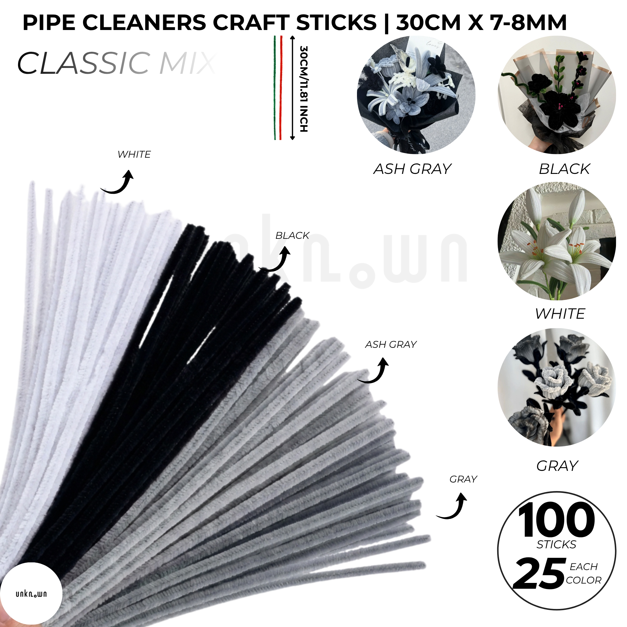 Pipe Cleaners Craft Sticks 100 Pcs Mixed Colors | Velvet Pipe Cleaner (25 Each Color) Chenille Stems 30cm for DIY Crafts, Handmade Flowers, School Projects & Bouquet Decoration