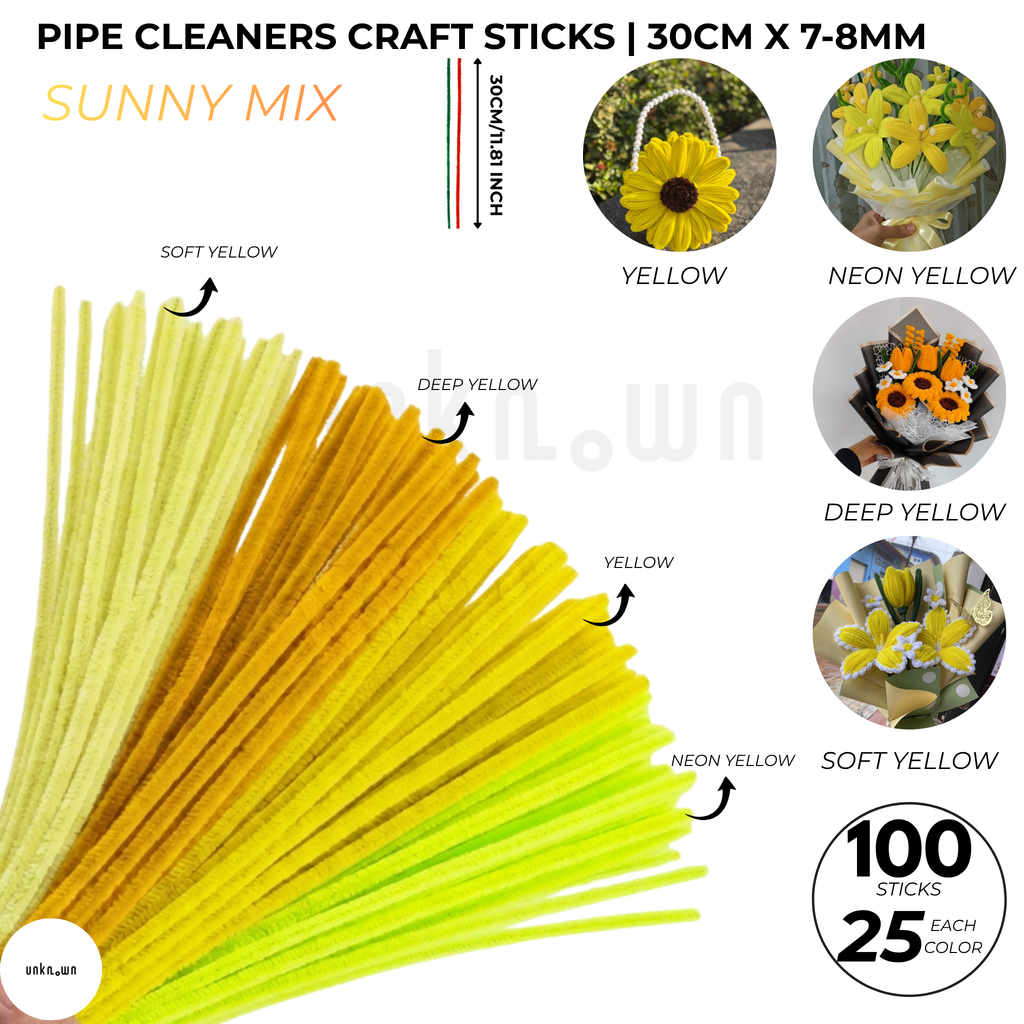 Pipe Cleaners Craft Sticks 100 Pcs Mixed Colors | Velvet Pipe Cleaner (25 Each Color) Chenille Stems 30cm for DIY Crafts, Handmade Flowers, School Projects & Bouquet Decoration