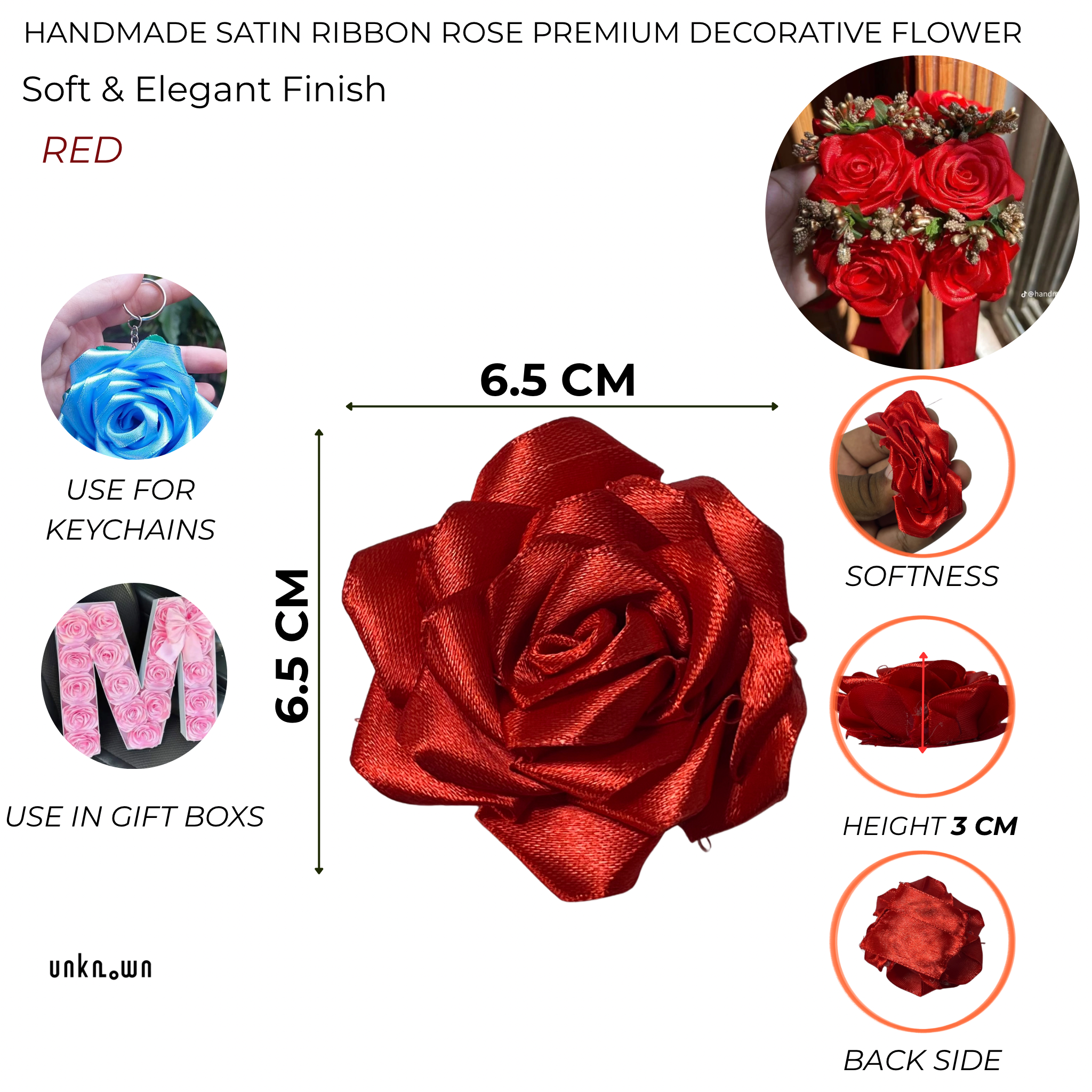 Handmade Satin Ribbon Rose – 6.5cm Decorative Artificial Flower | Premium Craft Flower