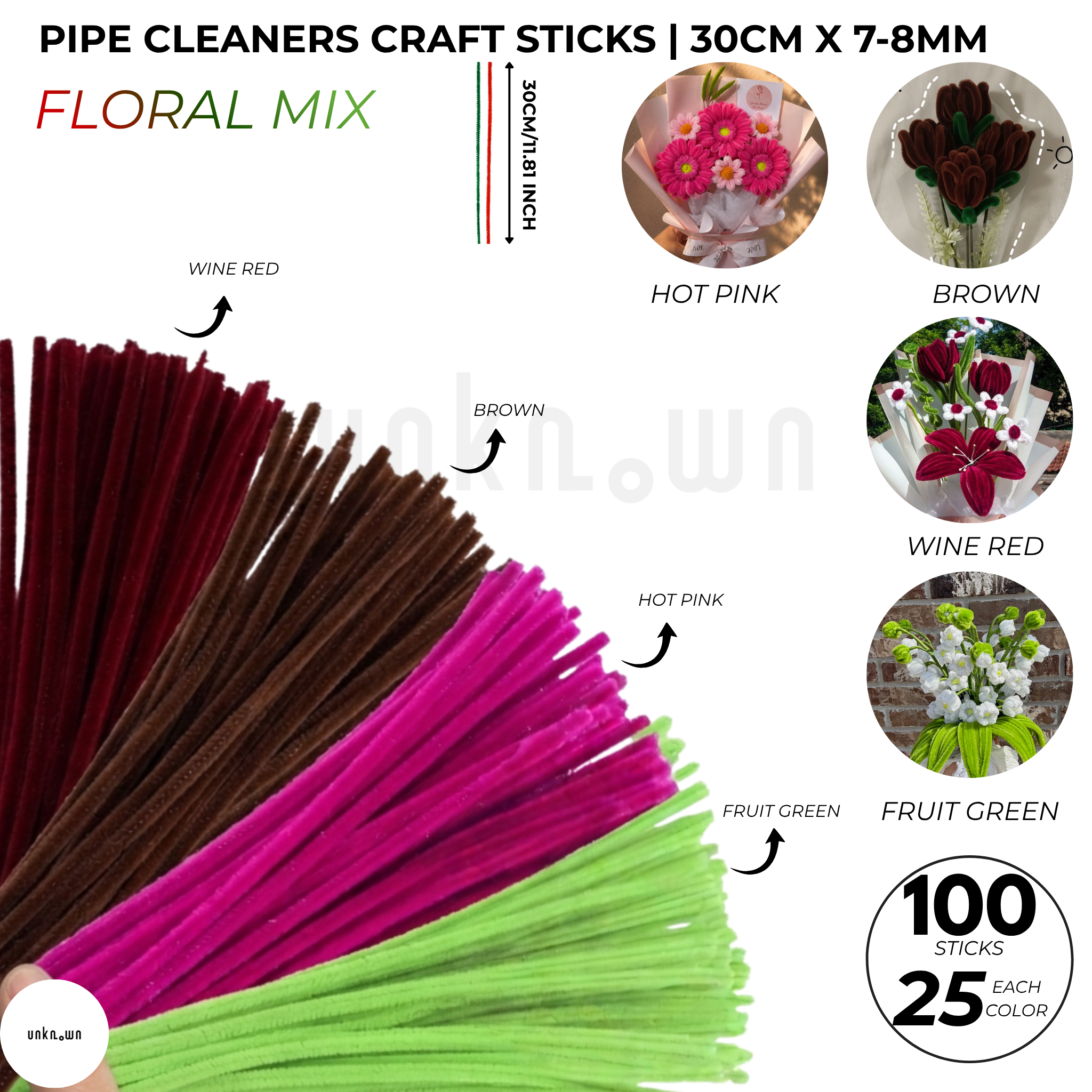 Pipe Cleaners Craft Sticks 100 Pcs Mixed Colors | Velvet Pipe Cleaner (25 Each Color) Chenille Stems 30cm for DIY Crafts, Handmade Flowers, School Projects & Bouquet Decoration