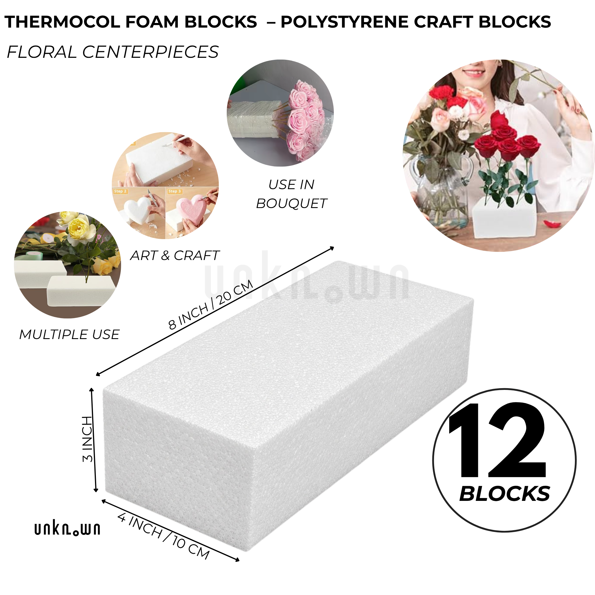 Thermocol Foam Blocks 8×4×3 Inch – Polystyrene Craft Blocks for DIY, Floral Arrangements & School Projects
