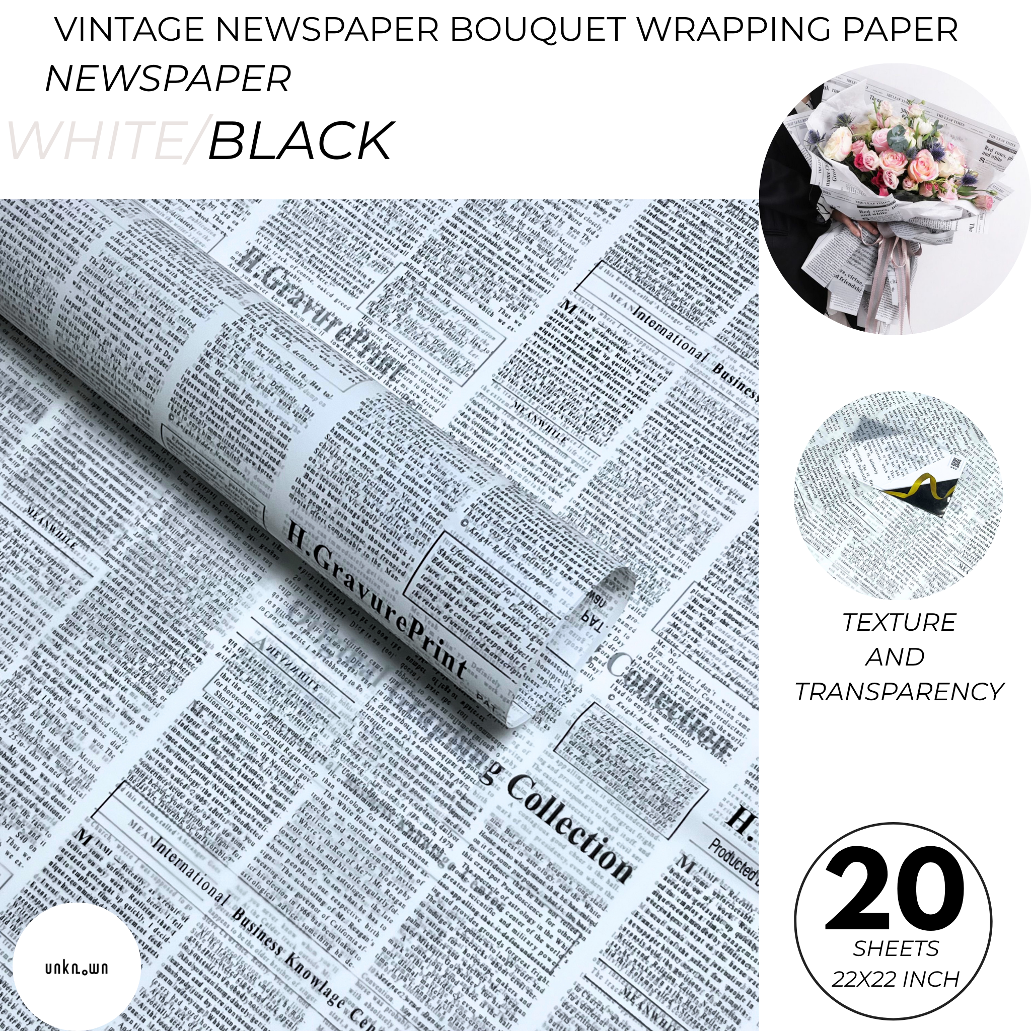 Premium Vintage Newspaper Bouquet Wrapping Paper – Floral Gift Wrap Sheets for Fresh Flowers, Florist Bouquet Packaging | 20 Sheets
