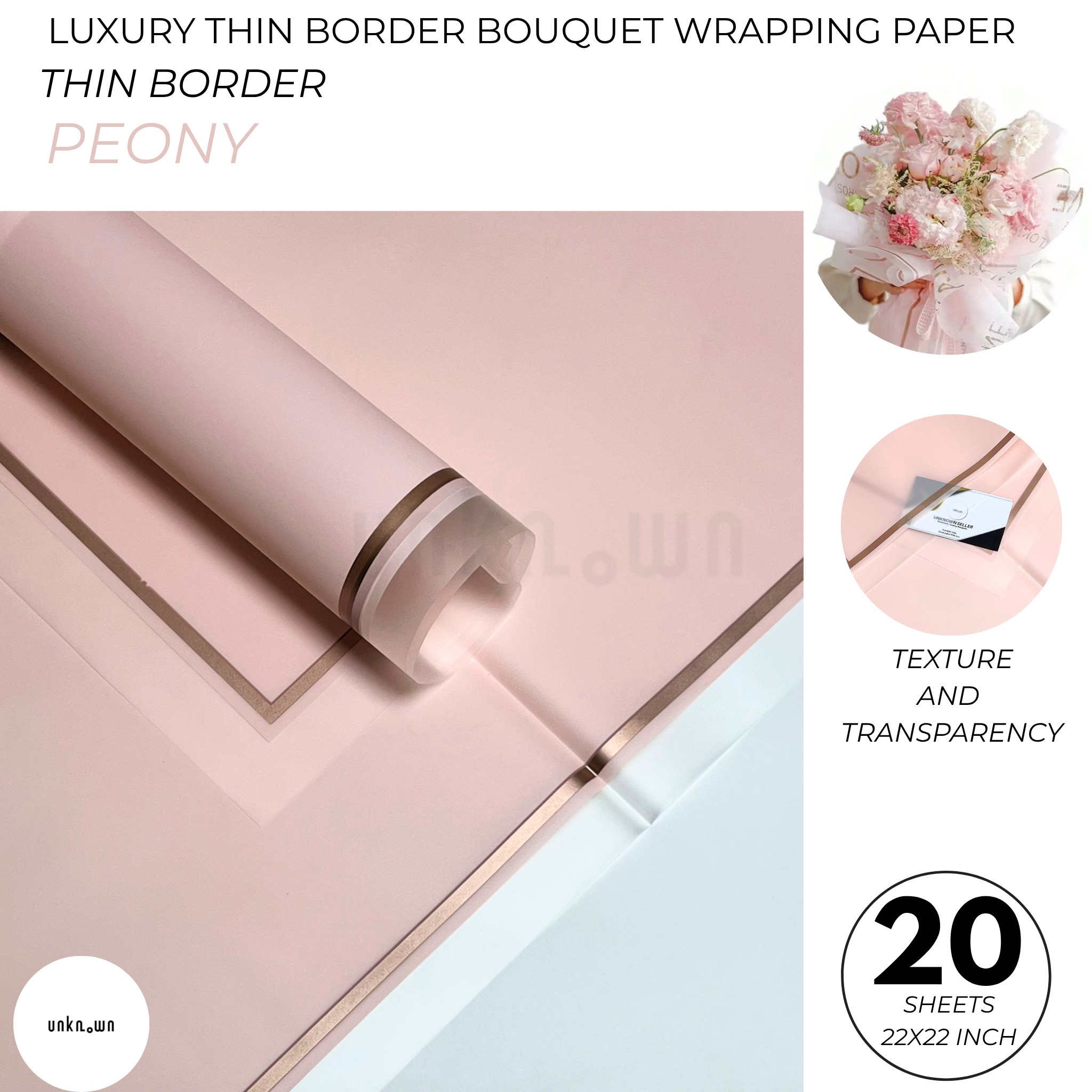 Luxury Thin Border Bouquet Wrapping Paper Pack of 20 Sheets | Premium Translucent Flower Wrapping Paper | Waterproof Florist Bouquet Gift Wrap