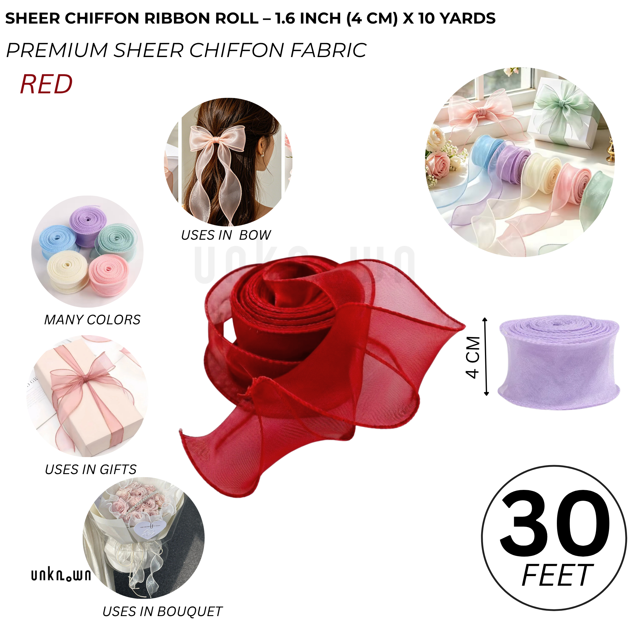Premium Sheer Chiffon Ribbon Roll – 1.6 Inch (4 CM) x 10 Yards | Soft Organza Ribbon for Bouquet Wrapping, Gift Packing, Florist, DIY Crafts & Decorations
