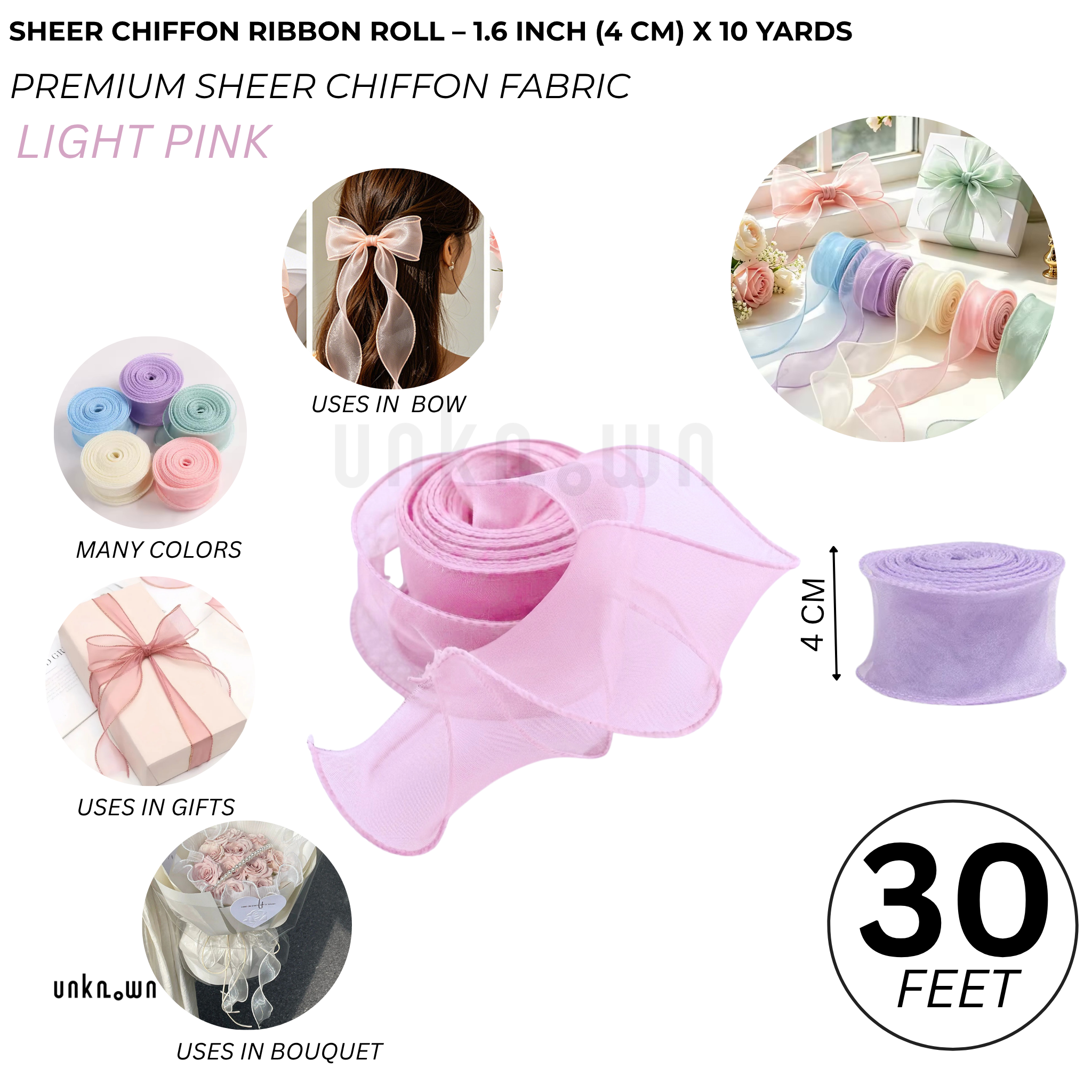 Premium Sheer Chiffon Ribbon Roll – 1.6 Inch (4 CM) x 10 Yards | Soft Organza Ribbon for Bouquet Wrapping, Gift Packing, Florist, DIY Crafts & Decorations