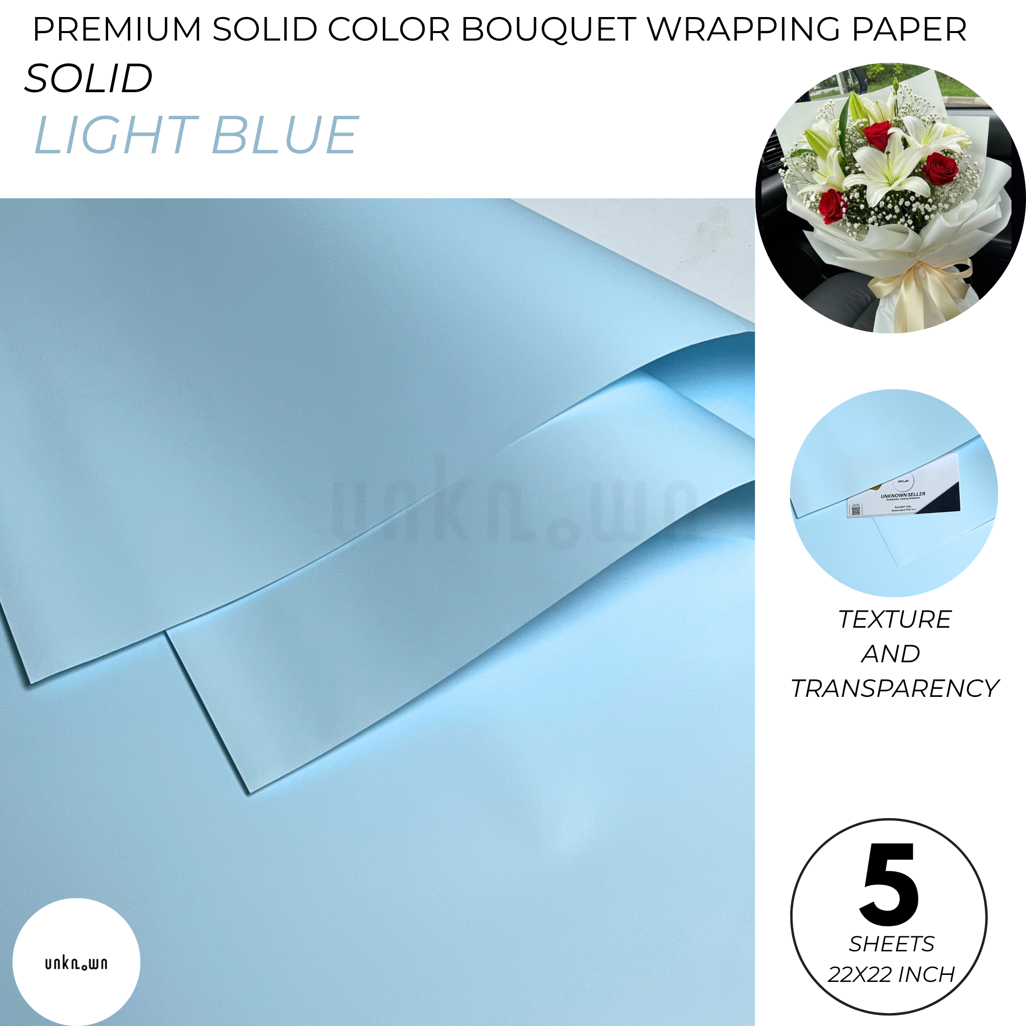Premium Solid Color Bouquet Wrapping Paper – Luxury Matte Floral Wrapping Sheets for Fresh Flower Bouquets | Pack of 5 Sheets