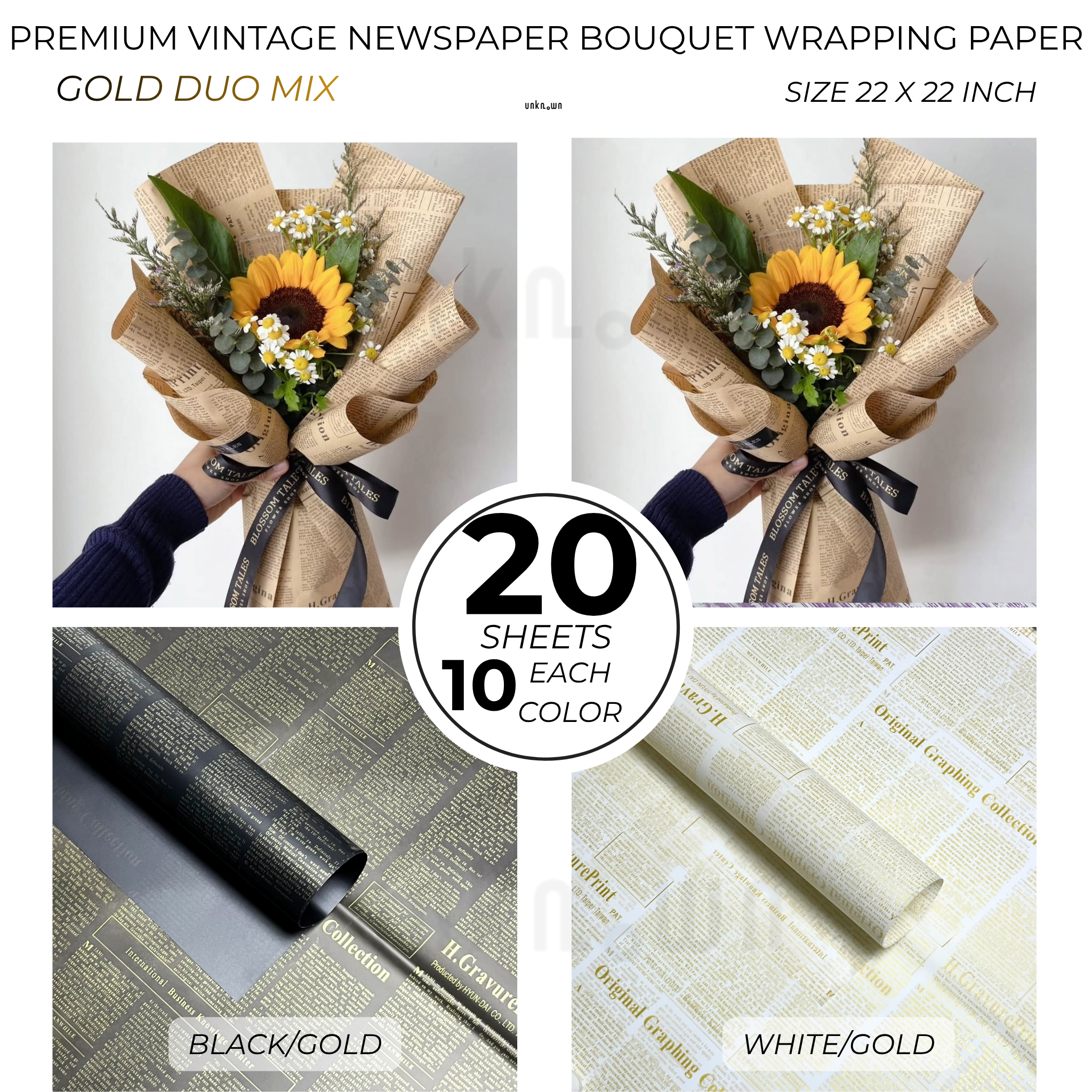 Premium Vintage Newspaper Bouquet Wrapping Paper – Floral Gift Wrap Sheets for Fresh Flowers, Florist Bouquet Packaging | 20 Sheets