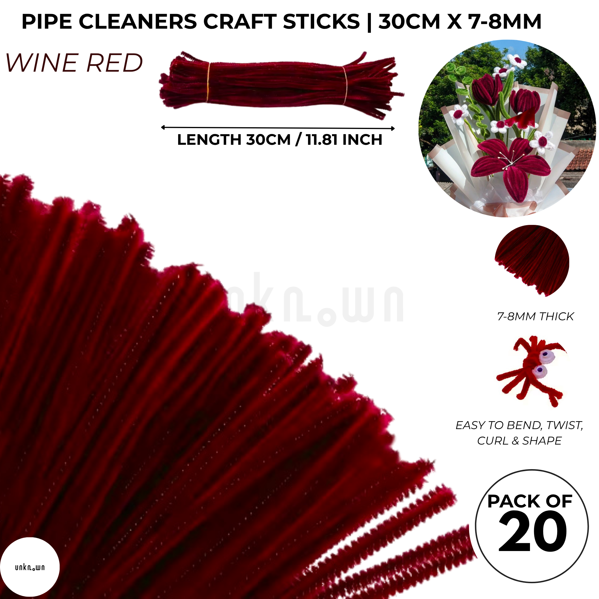 Velvet Pipe Cleaners Craft Sticks (20 Pcs) – 30cm Chenille Stems for DIY Crafts, Pipe Cleaner Flowers, Kids Art, School Projects & Bouquet Making