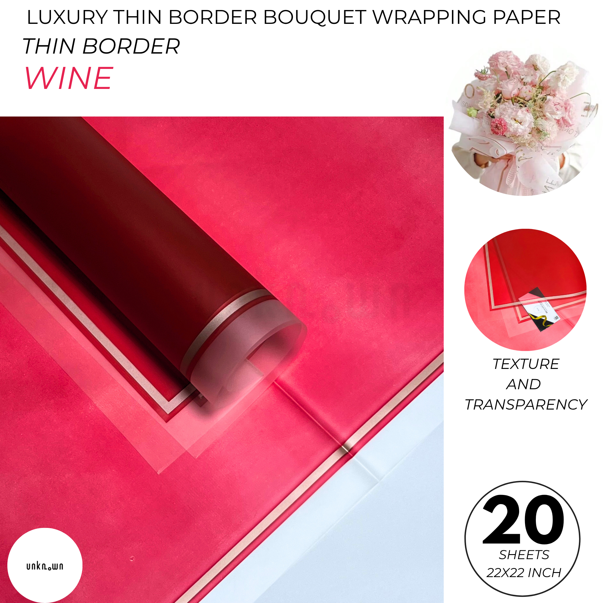 Luxury Thin Border Bouquet Wrapping Paper Pack of 20 Sheets | Premium Translucent Flower Wrapping Paper | Waterproof Florist Bouquet Gift Wrap
