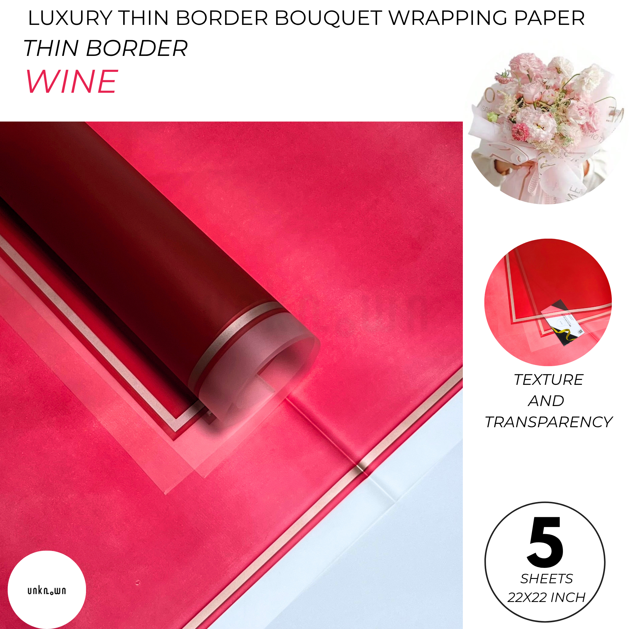 Luxury Thin Border Bouquet Wrapping Paper – Premium Translucent Floral Wrapping Sheets for Fresh Flower Bouquets | Pack of 5 Sheets