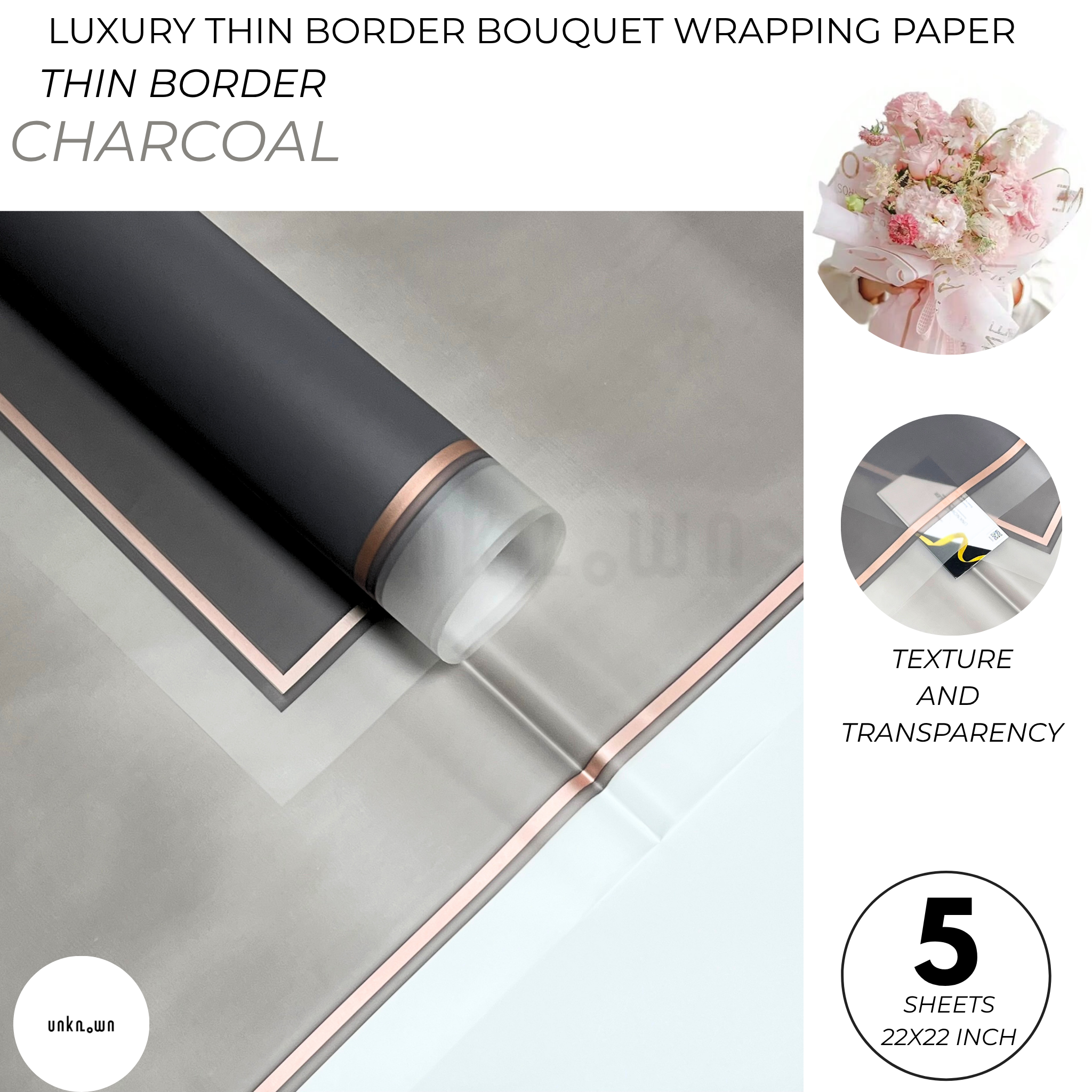 Luxury Thin Border Bouquet Wrapping Paper – Premium Translucent Floral Wrapping Sheets for Fresh Flower Bouquets | Pack of 5 Sheets