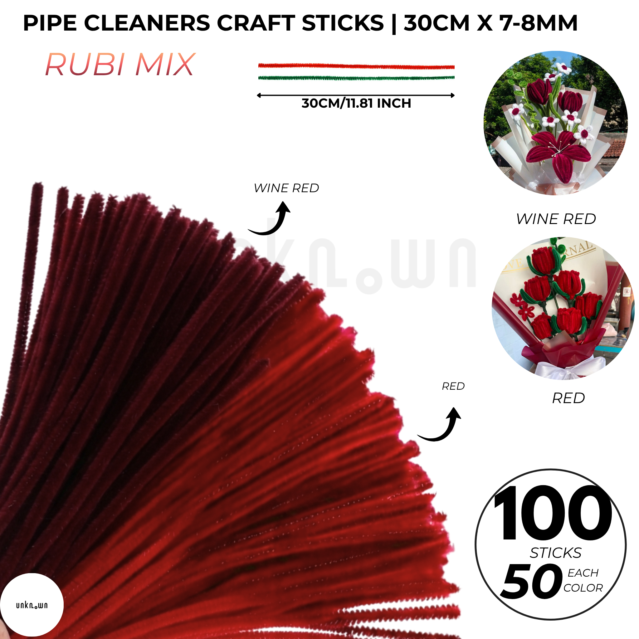 Pipe Cleaners Craft Sticks 100 Pcs (2 Color Mix) | Velvet Pipe Cleaner Chenille Stems 30cm (50+50) for DIY Crafts, Handmade Flowers, Bouquet Decoration & School Projects