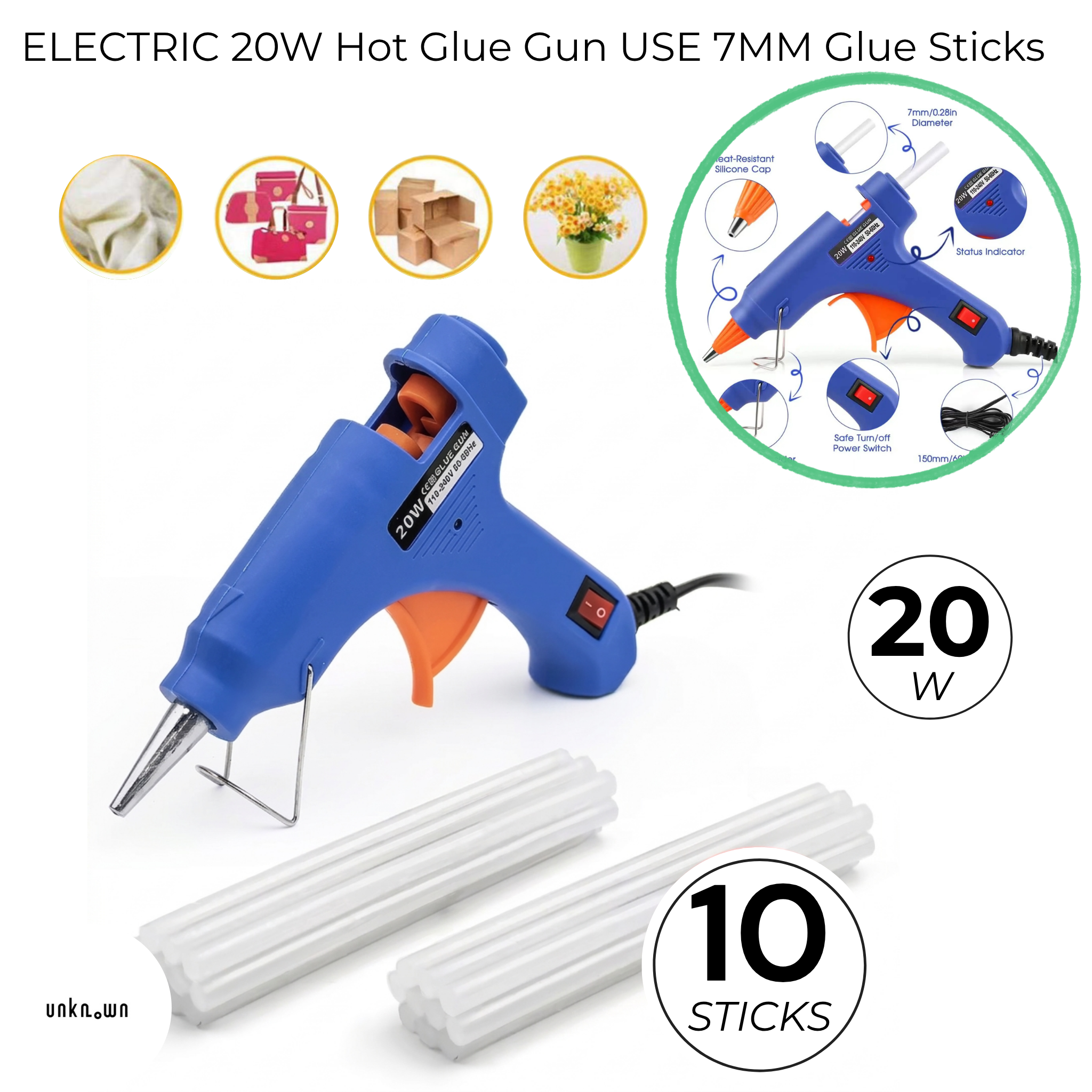 20W Hot Glue Gun With 10 Glue Sticks - for DIY High Quality Hot Glue Gun for Home Use 7MM Glue Sticks