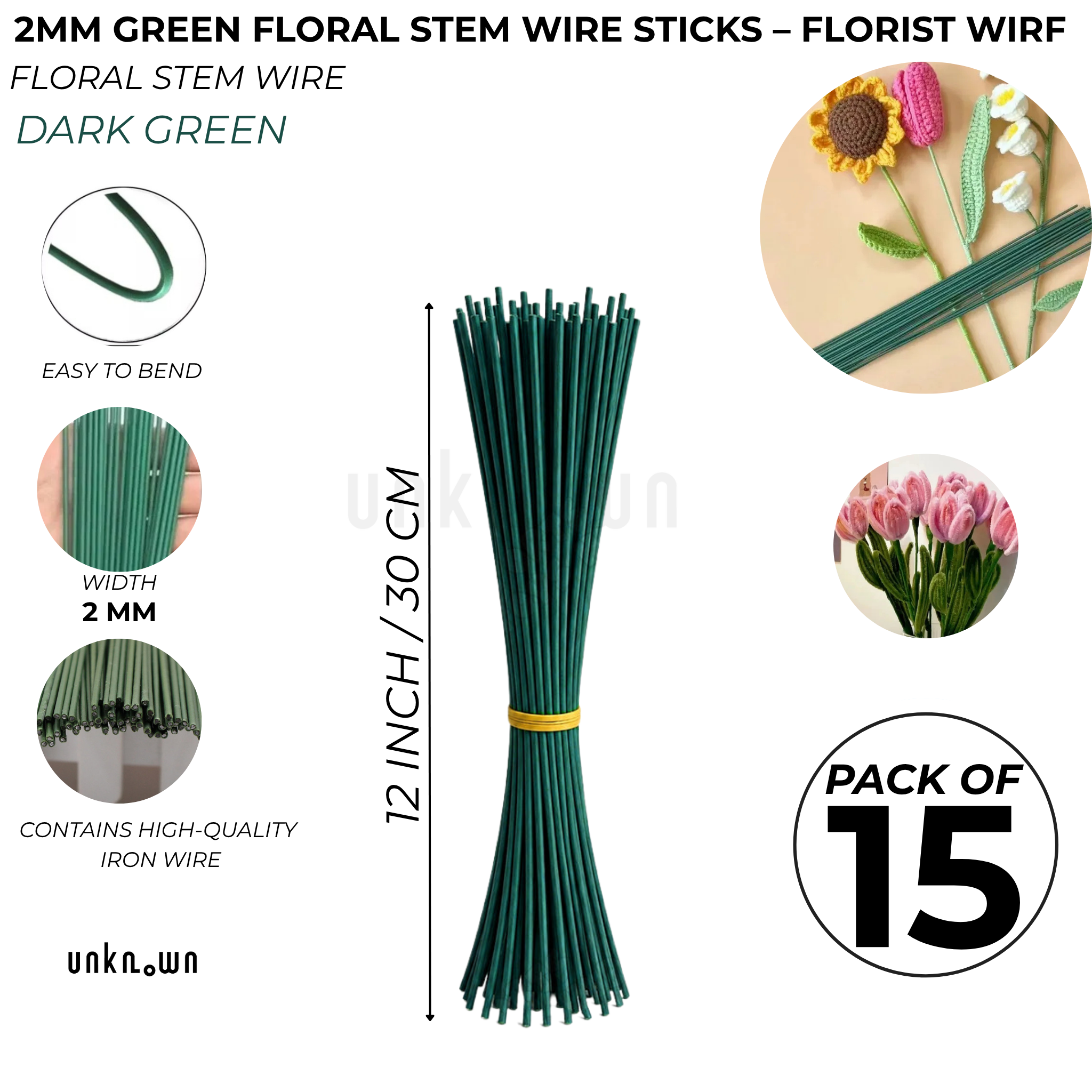2mm Green Floral Stem Wire Sticks – 12 Inch / 30 CM Florist Wire for Artificial Flowers, Bouquet Making, Floral Crafts & DIY | Pack of 5, 15 & 25