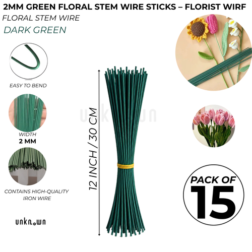 2mm Green Floral Stem Wire Sticks – 12 Inch / 30 CM Florist Wire for Artificial Flowers, Bouquet Making, Floral Crafts & DIY | Pack of 5, 15 & 25