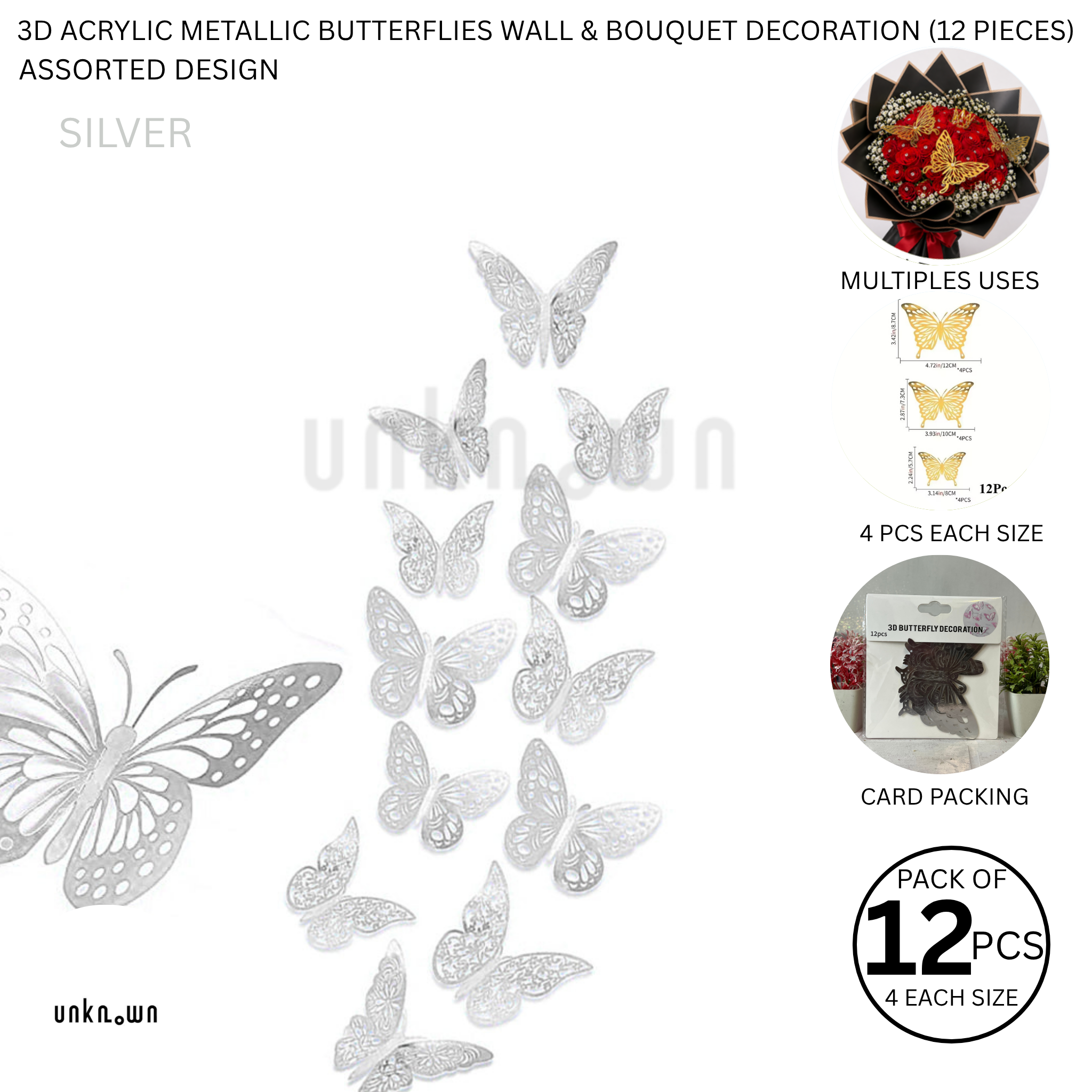 3D Acrylic Metallic Butterflies Wall & Bouquet Decoration (12 Pieces)