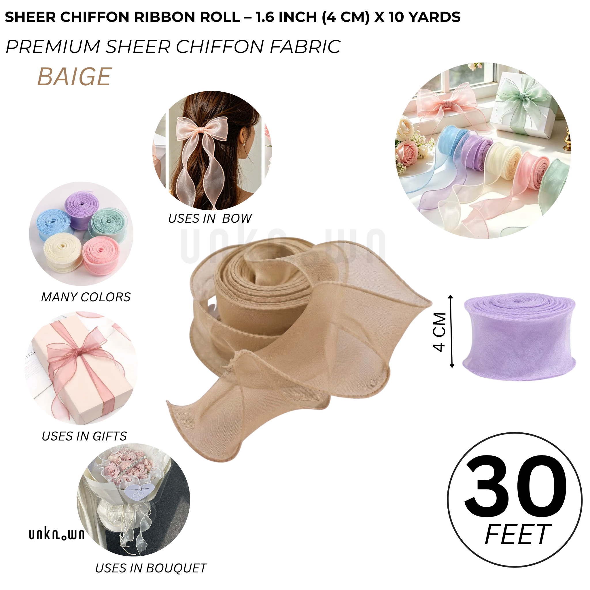 Premium Sheer Chiffon Ribbon Roll – 1.6 Inch (4 CM) x 10 Yards | Soft Organza Ribbon for Bouquet Wrapping, Gift Packing, Florist, DIY Crafts & Decorations