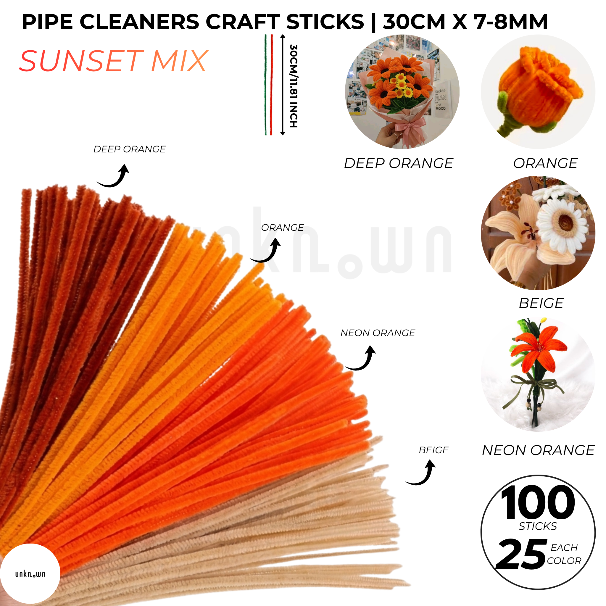 Pipe Cleaners Craft Sticks 100 Pcs Mixed Colors | Velvet Pipe Cleaner (25 Each Color) Chenille Stems 30cm for DIY Crafts, Handmade Flowers, School Projects & Bouquet Decoration