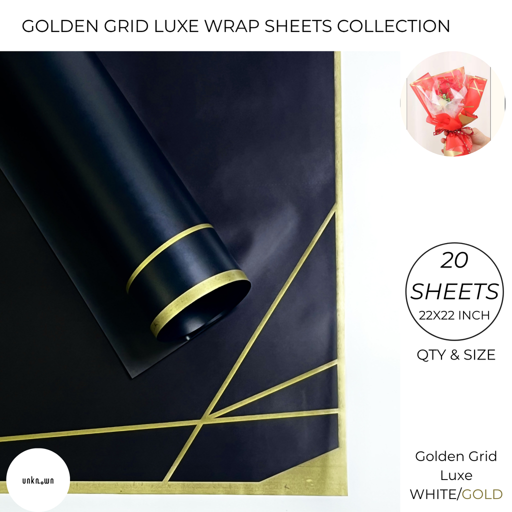 Golden Grid Luxe Bouquet Wrap Sheets – Premium Gold Line Translucent Flower Wrapping Paper for Bouquets, Gifts & Floral Arrangements (20 Sheets)