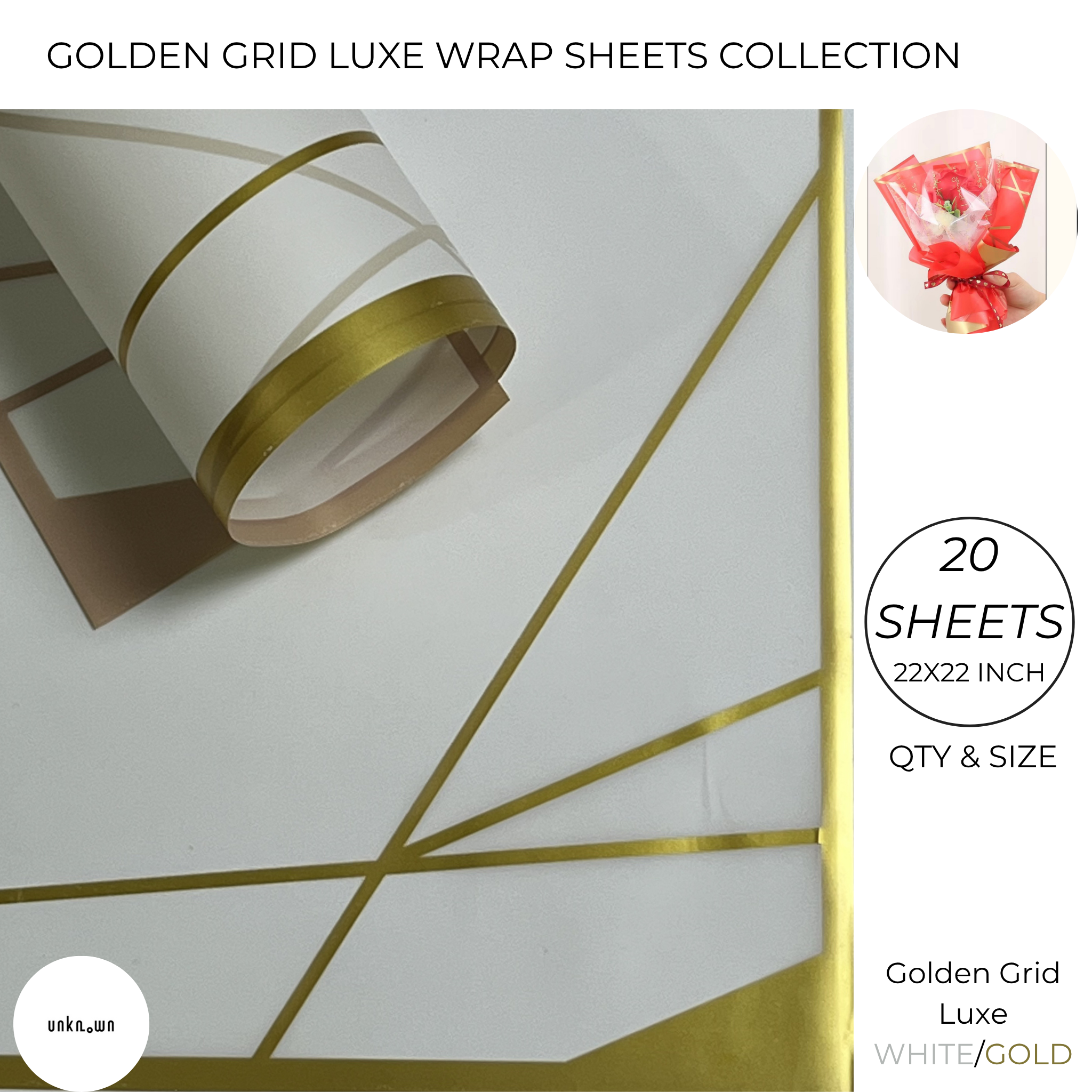 Golden Grid Luxe Bouquet Wrap Sheets – Premium Gold Line Translucent Flower Wrapping Paper for Bouquets, Gifts & Floral Arrangements (20 Sheets)
