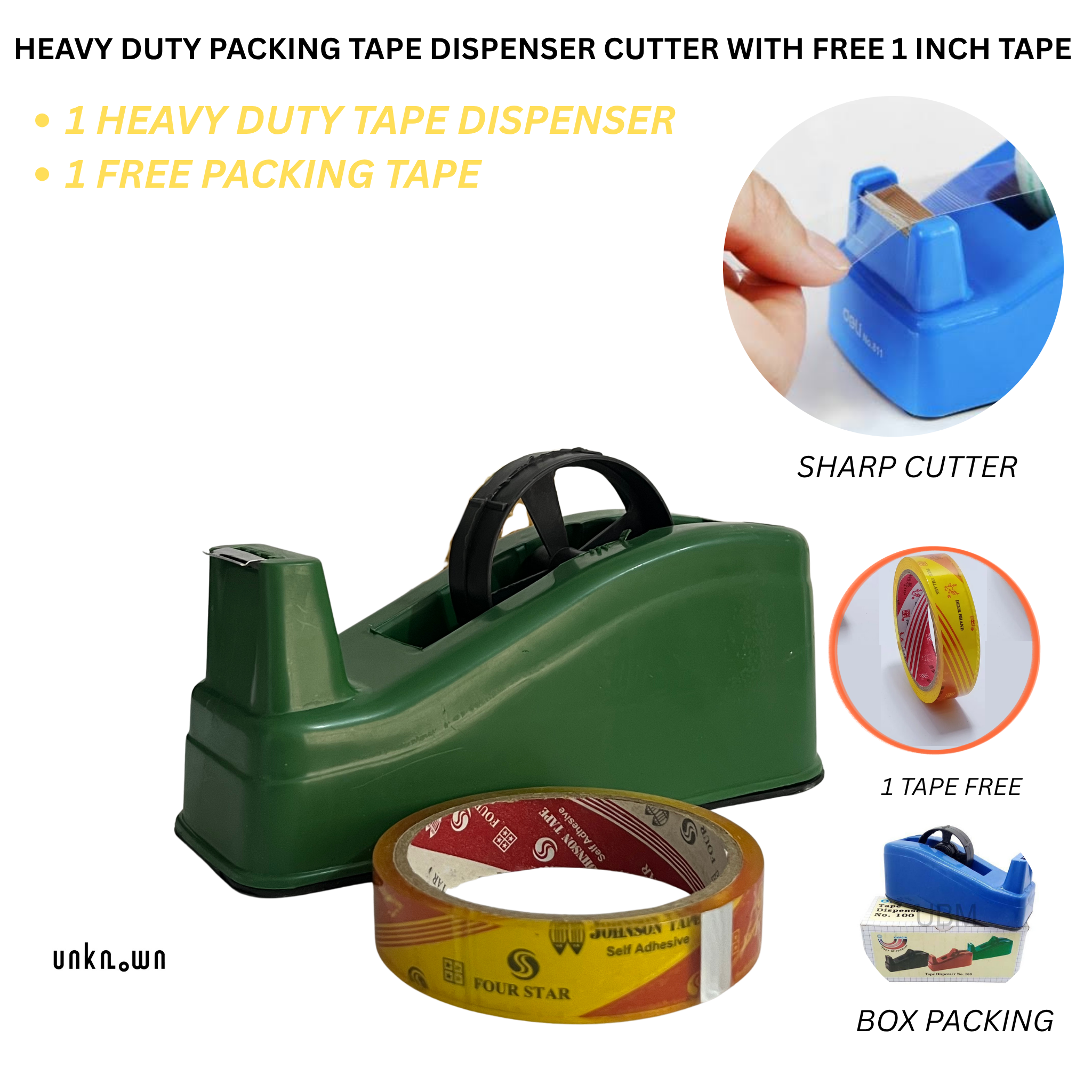 Heavy Duty Packing Tape Dispenser Cutter with FREE 1 Inch Packing Tape | Gift Wrapping, Bouquet Making & Packaging Tool