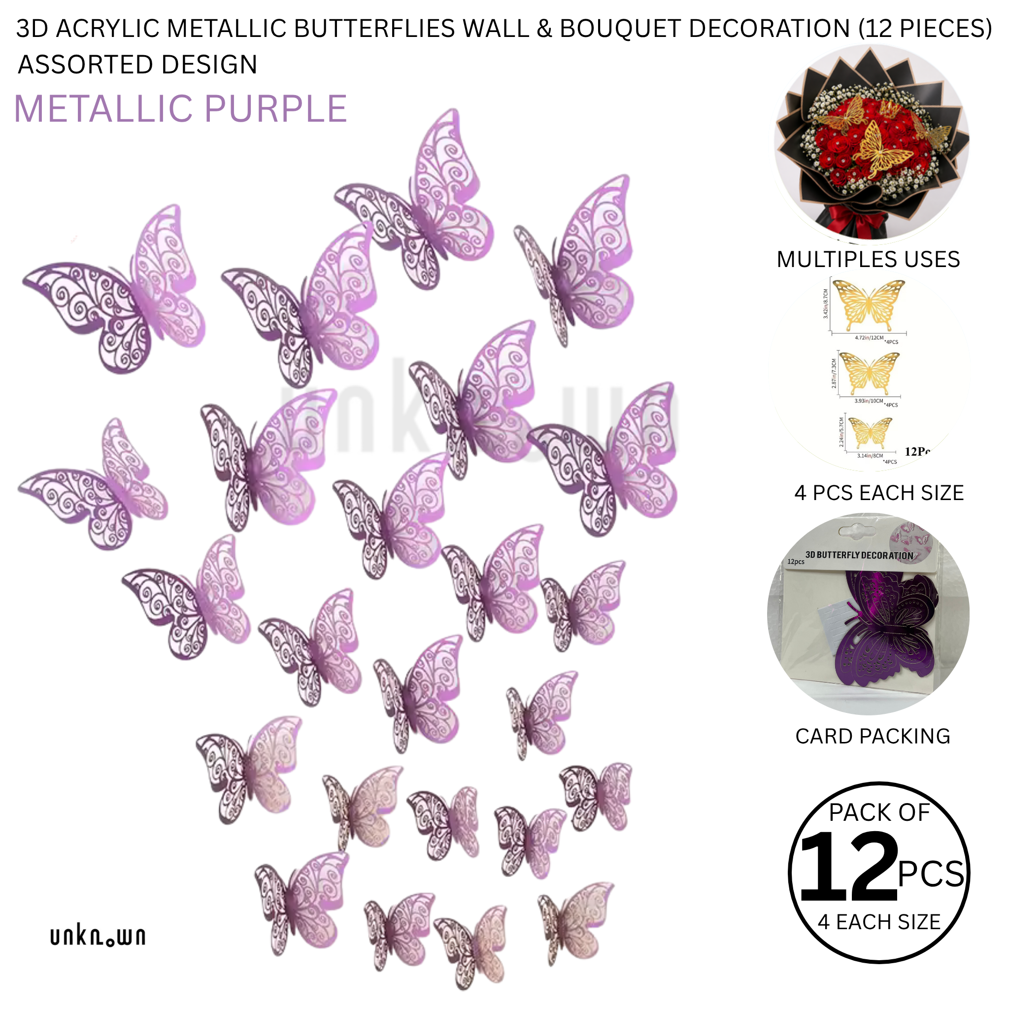 3D Acrylic Metallic Butterflies Wall & Bouquet Decoration (12 Pieces)