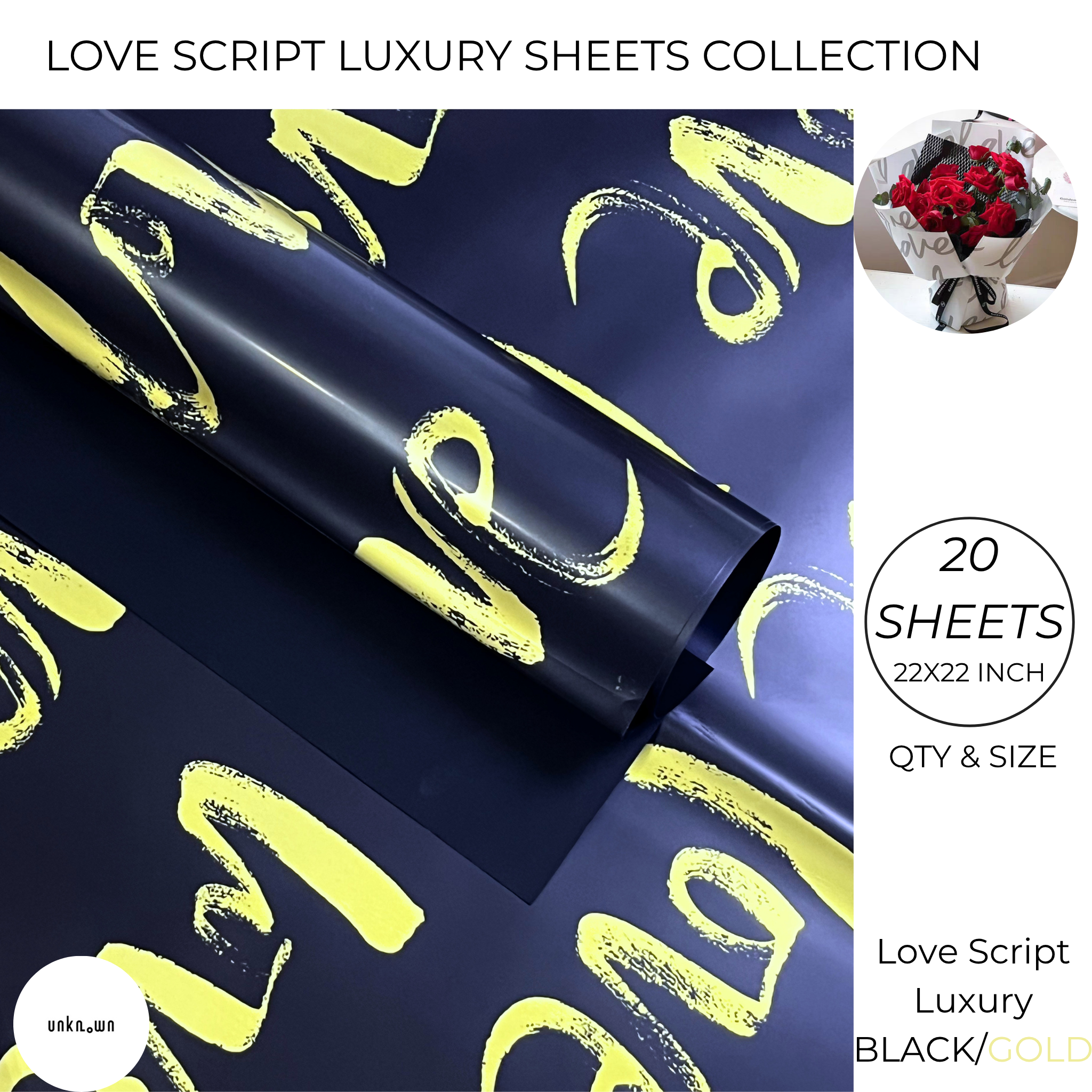 Love Script Luxury Bouquet Wrapping Sheets – Romantic Floral, Gift & Money Bouquet Paper (Pack of 20 Sheets)