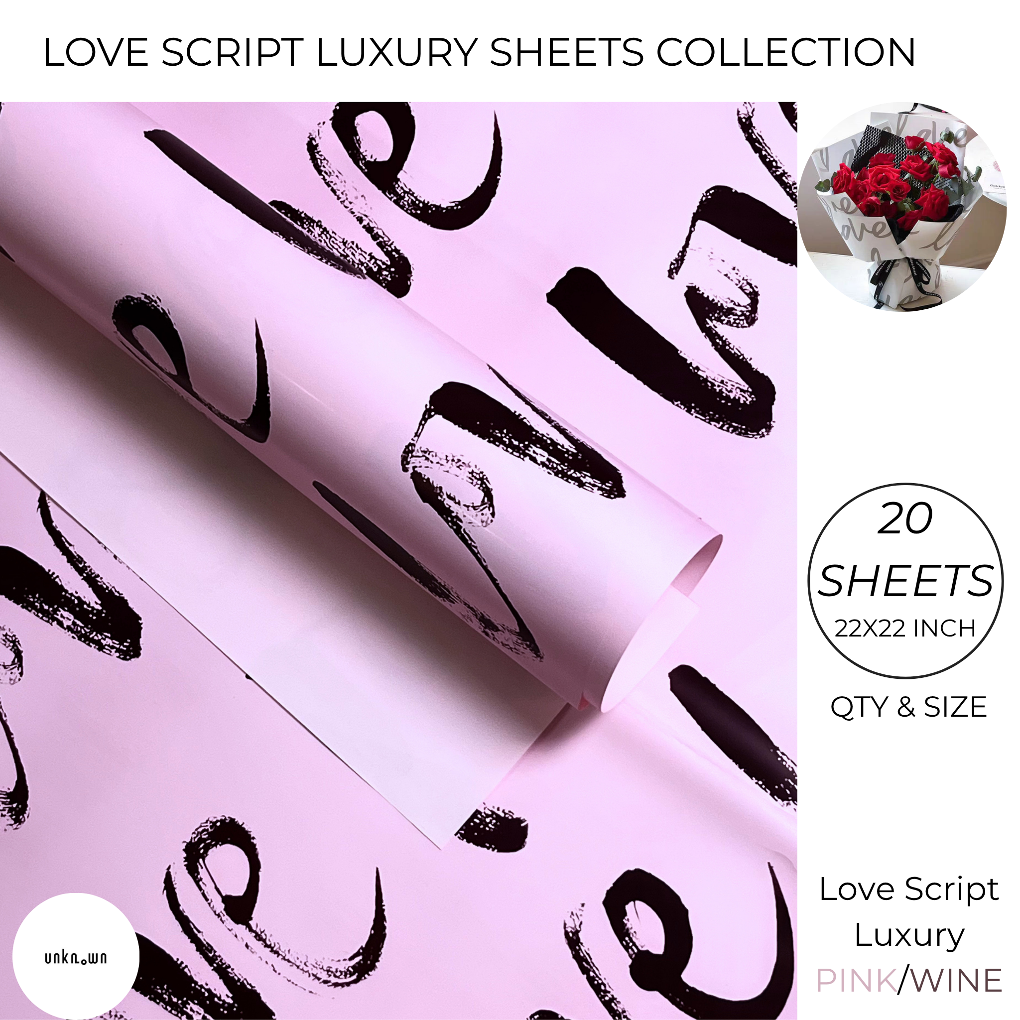 Love Script Luxury Bouquet Wrapping Sheets – Romantic Floral, Gift & Money Bouquet Paper (Pack of 20 Sheets)
