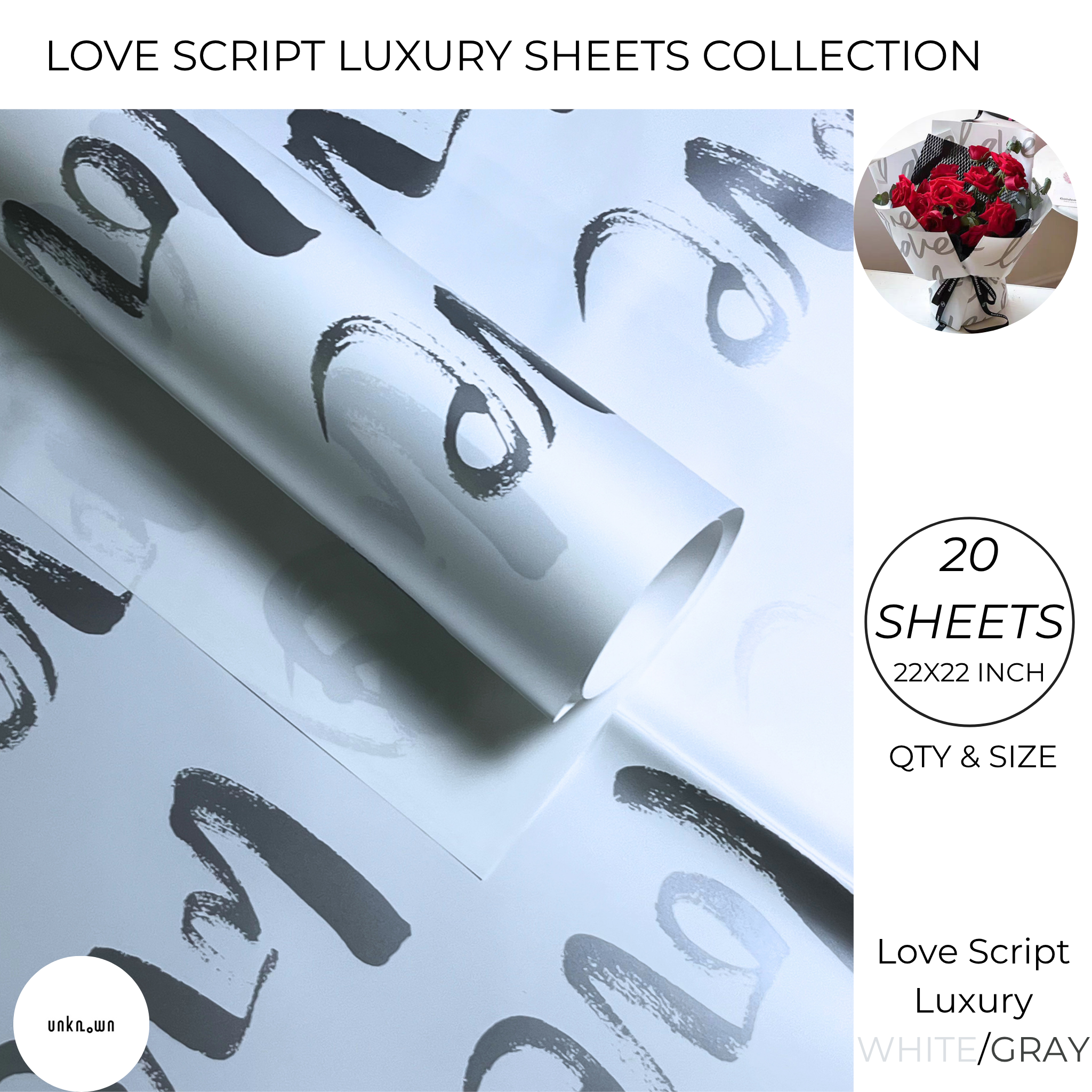 Love Script Luxury Bouquet Wrapping Sheets – Romantic Floral, Gift & Money Bouquet Paper (Pack of 20 Sheets)