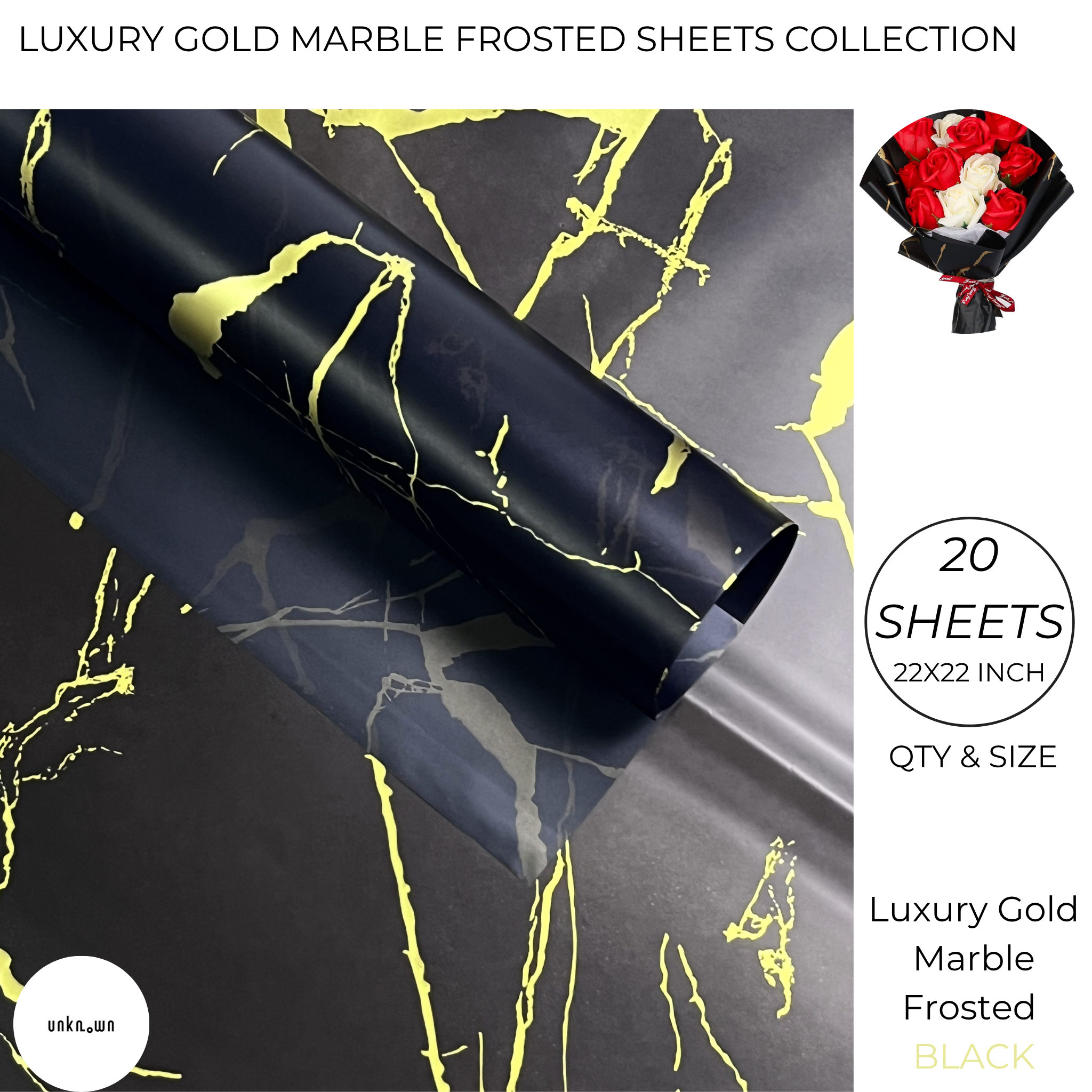 Luxury Gold Marble Frosted Bouquet Wrapping Sheets (20 Sheets Pack) | Transparent Floral & Money Bouquet Wrapping Paper