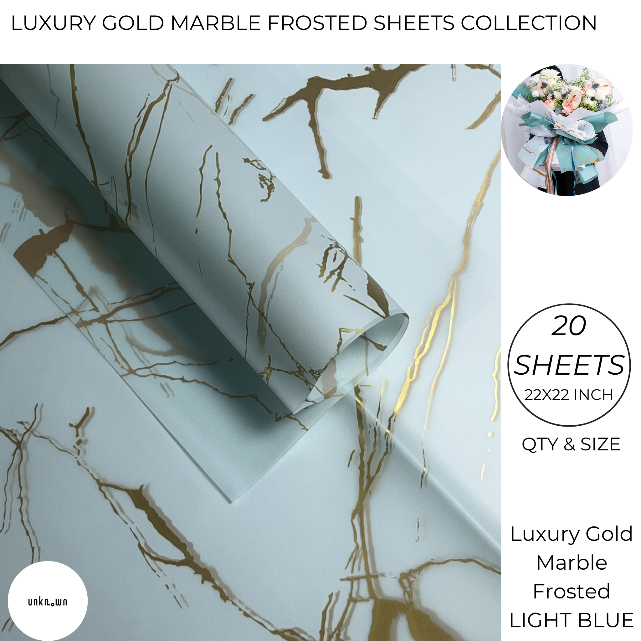 Luxury Gold Marble Frosted Bouquet Wrapping Sheets (20 Sheets Pack) | Transparent Floral & Money Bouquet Wrapping Paper