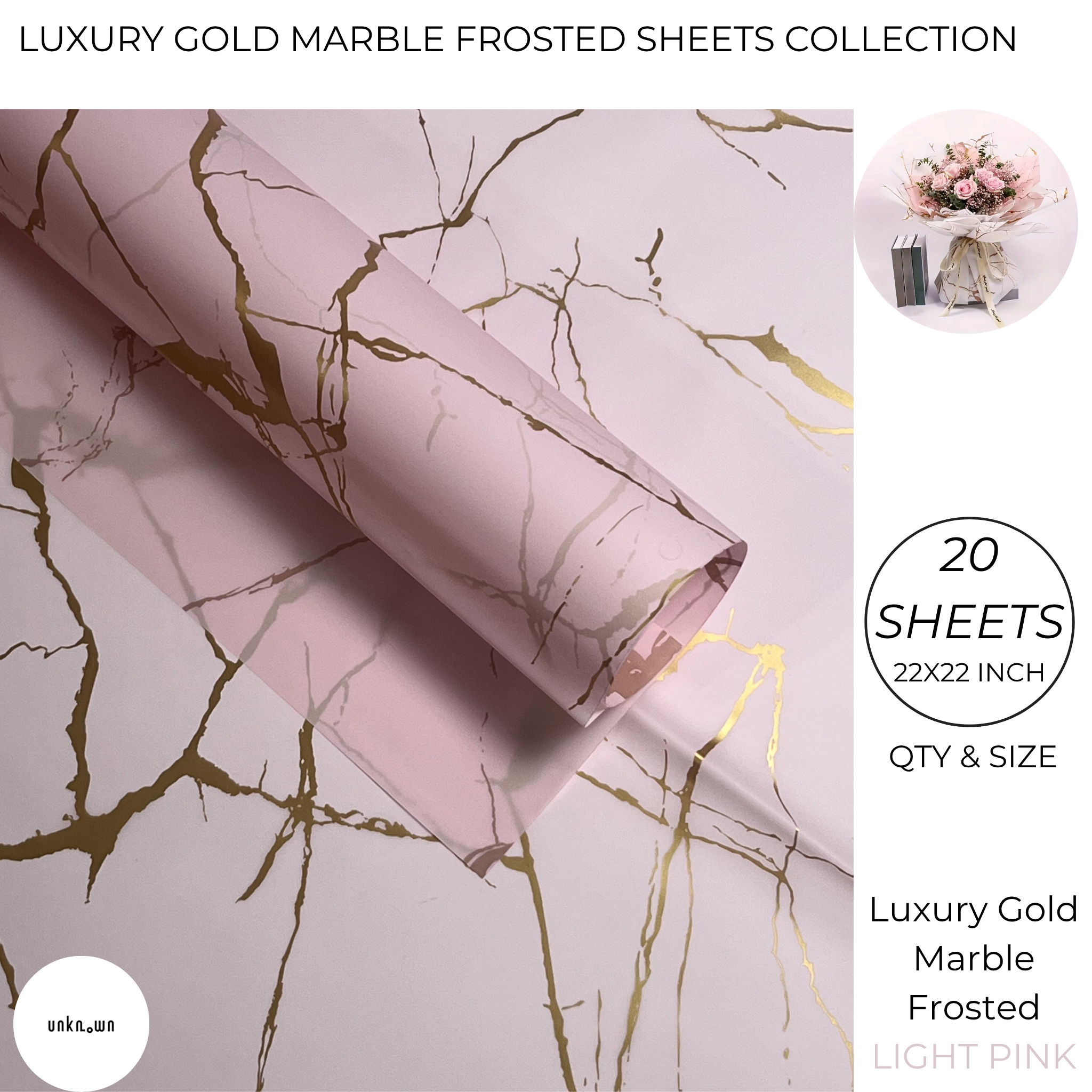 Luxury Gold Marble Frosted Bouquet Wrapping Sheets (20 Sheets Pack) | Transparent Floral & Money Bouquet Wrapping Paper