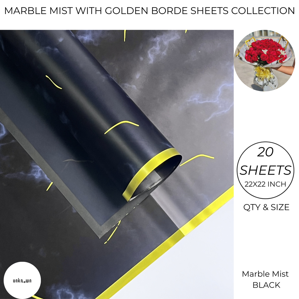 Marble Mist with Golden Border – Luxury Floral & Gift Wrap Paper (Pack of 20 Sheets)