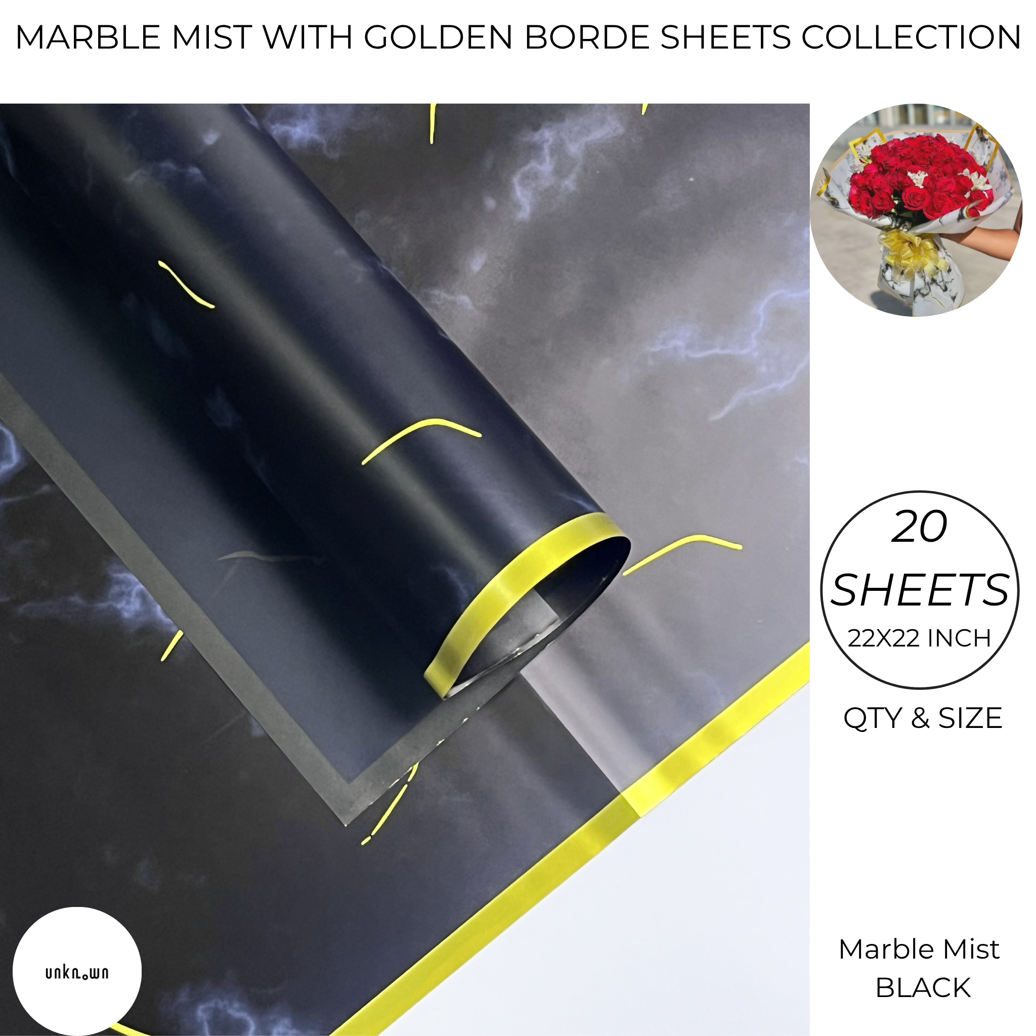 Marble Mist with Golden Border – Luxury Floral & Gift Wrap Paper (Pack of 20 Sheets)