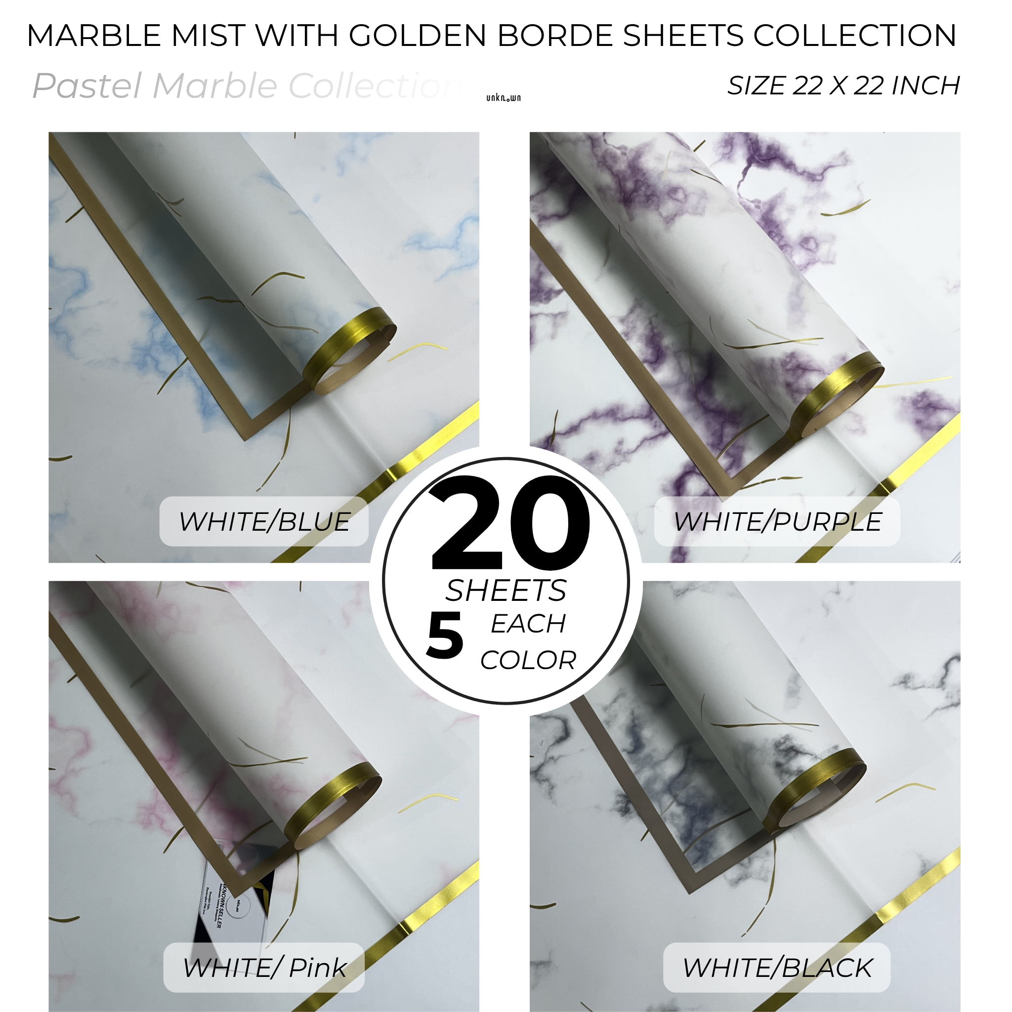 Marble Mist with Golden Border – Luxury Floral & Gift Wrap Paper (Pack of 20 Sheets)